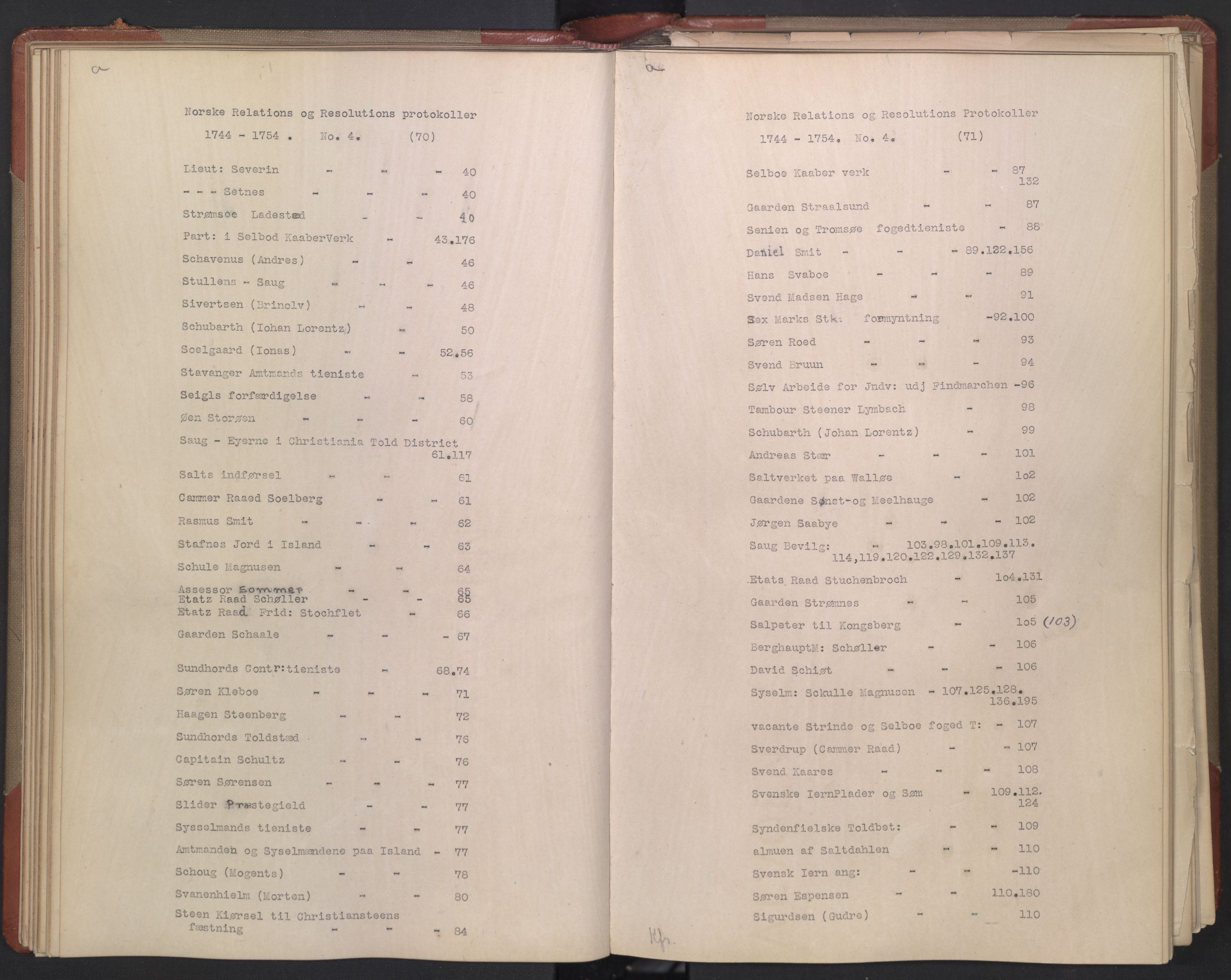 Avskriftsamlingen, AV/RA-EA-4022/F/Fb/L0118: Registratur over norske Relasjons- og resolusjonsprotokoller, 1744-1754, s. 39