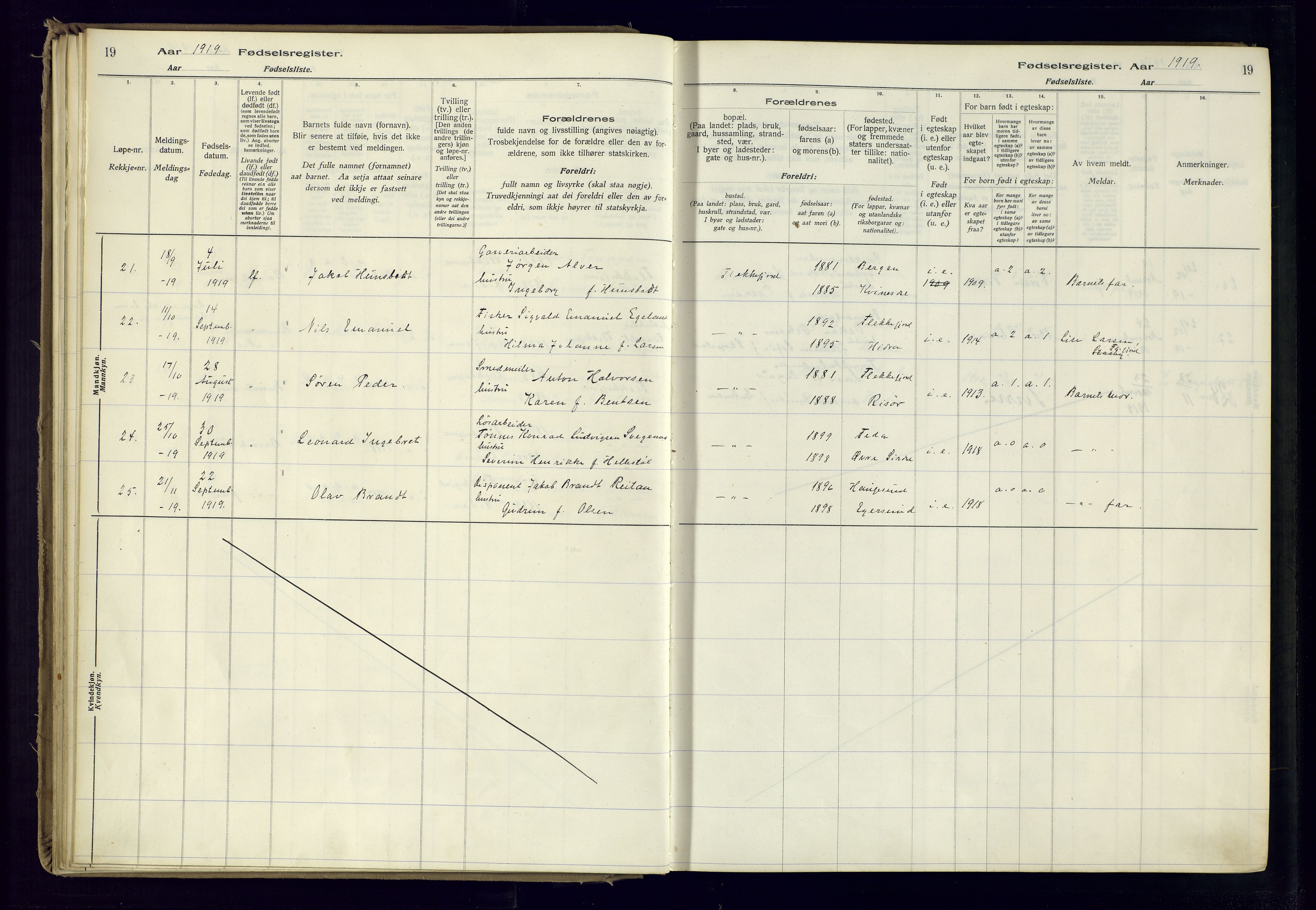 Flekkefjord sokneprestkontor, AV/SAK-1111-0012/J/Ja/L0001: Fødselsregister nr. 1, 1916-1948, s. 19