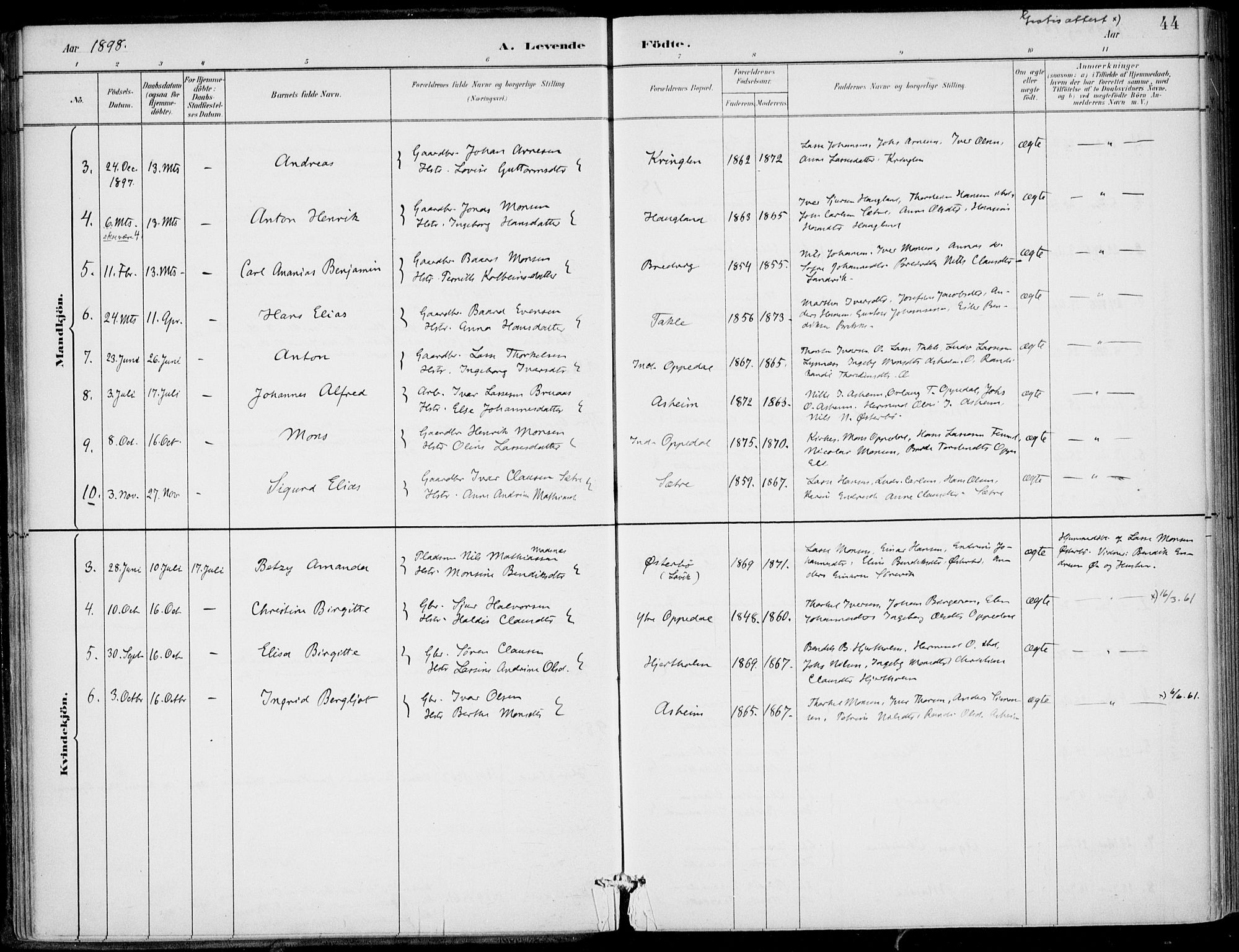 Gulen sokneprestembete, AV/SAB-A-80201/H/Haa/Haac/L0002: Ministerialbok nr. C  2, 1882-1914, s. 44