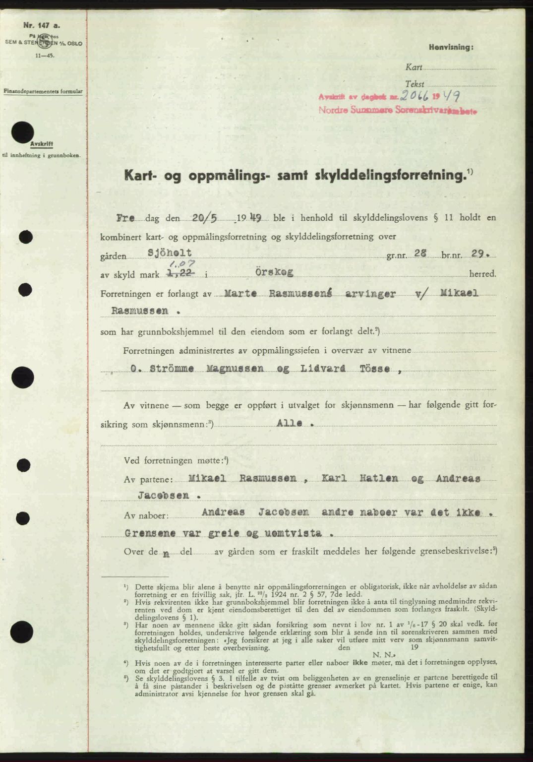 Nordre Sunnmøre sorenskriveri, SAT/A-0006/1/2/2C/2Ca: Pantebok nr. A32, 1949-1949, Dagboknr: 2066/1949