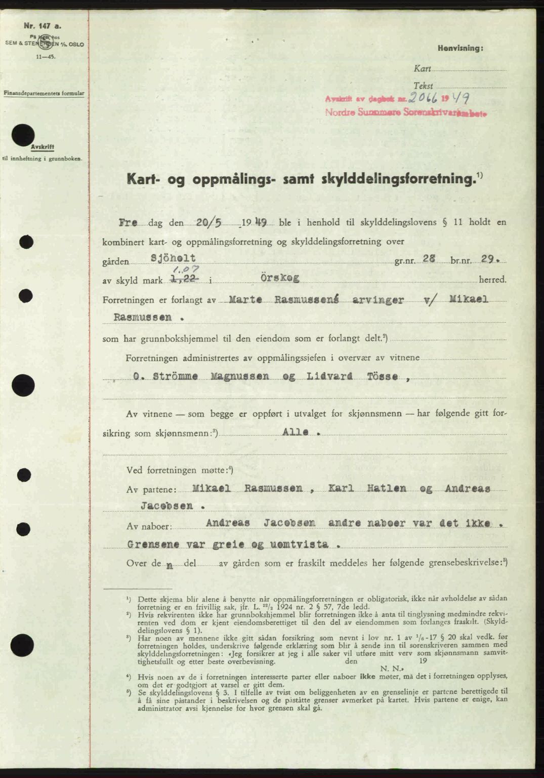 Nordre Sunnmøre sorenskriveri, AV/SAT-A-0006/1/2/2C/2Ca: Pantebok nr. A32, 1949-1949, Dagboknr: 2066/1949