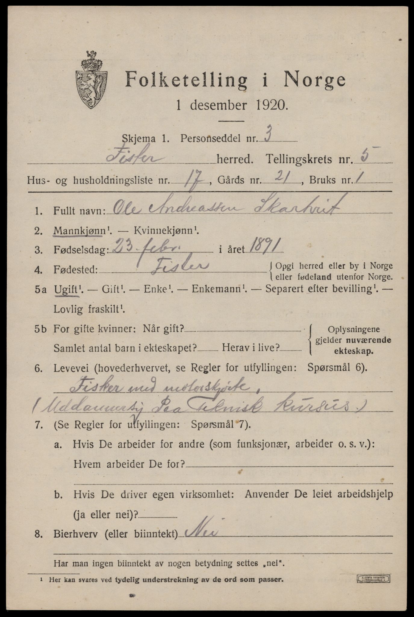 SAST, Folketelling 1920 for 1132 Fister herred, 1920, s. 1423
