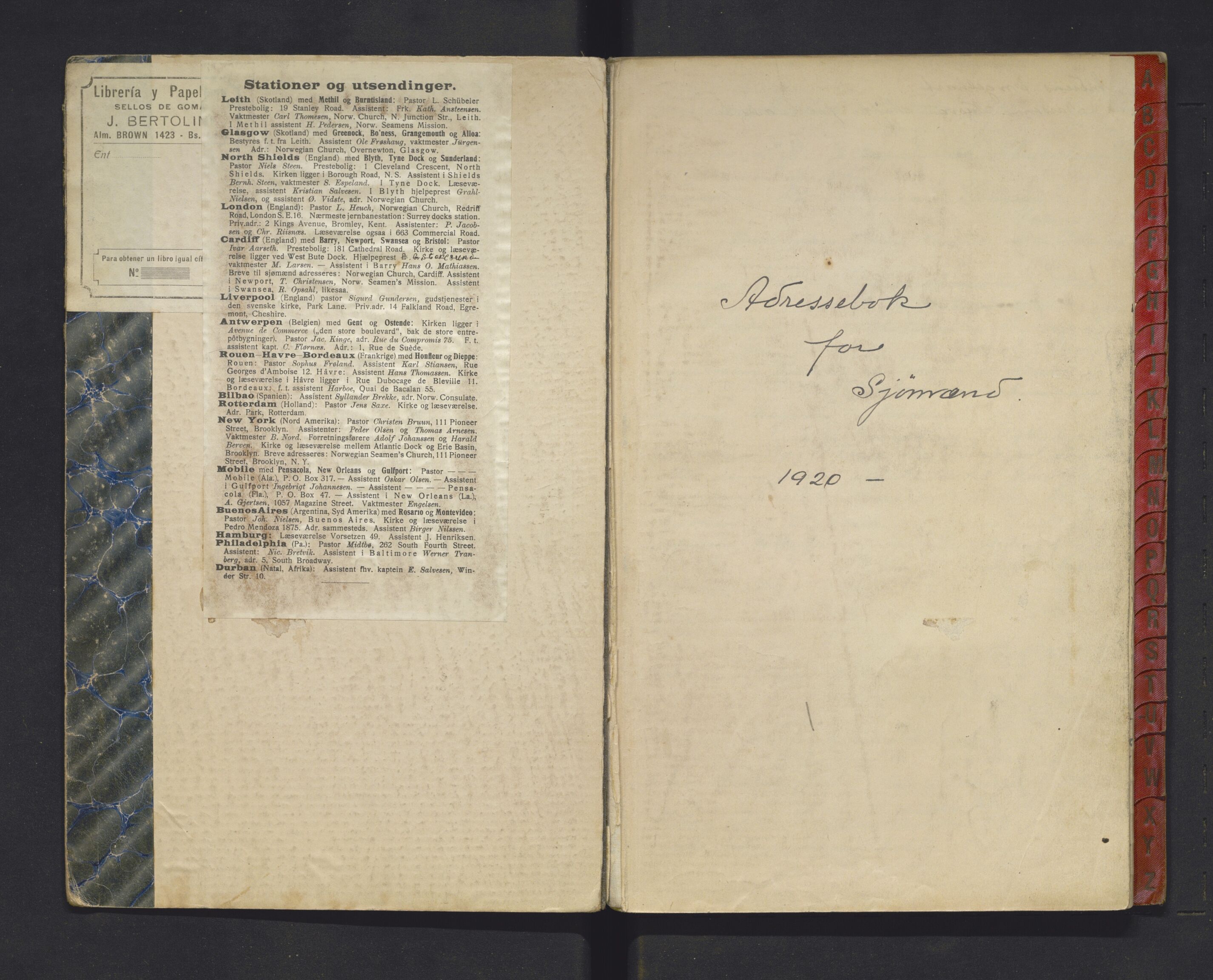 Den norske sjømannsmisjon i utlandet/Syd-Amerika (Buenos Aires m.fl.), AV/SAB-SAB/PA-0118/F/L0003/0001: Adressebøker / Adressebok for sjømenn, 1920-1927