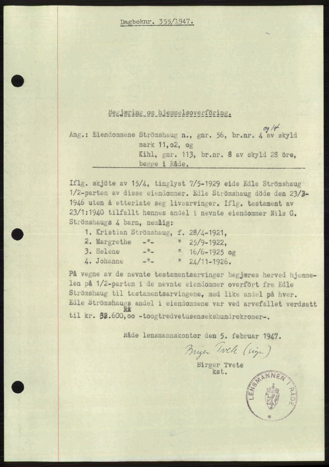 Moss sorenskriveri, SAO/A-10168: Pantebok nr. A17, 1947-1947, Dagboknr: 355/1947