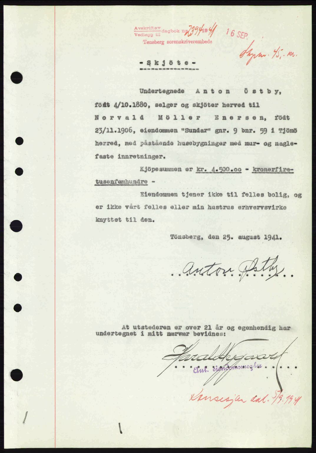 Tønsberg sorenskriveri, AV/SAKO-A-130/G/Ga/Gaa/L0010: Pantebok nr. A10, 1941-1941, Dagboknr: 2394/1941