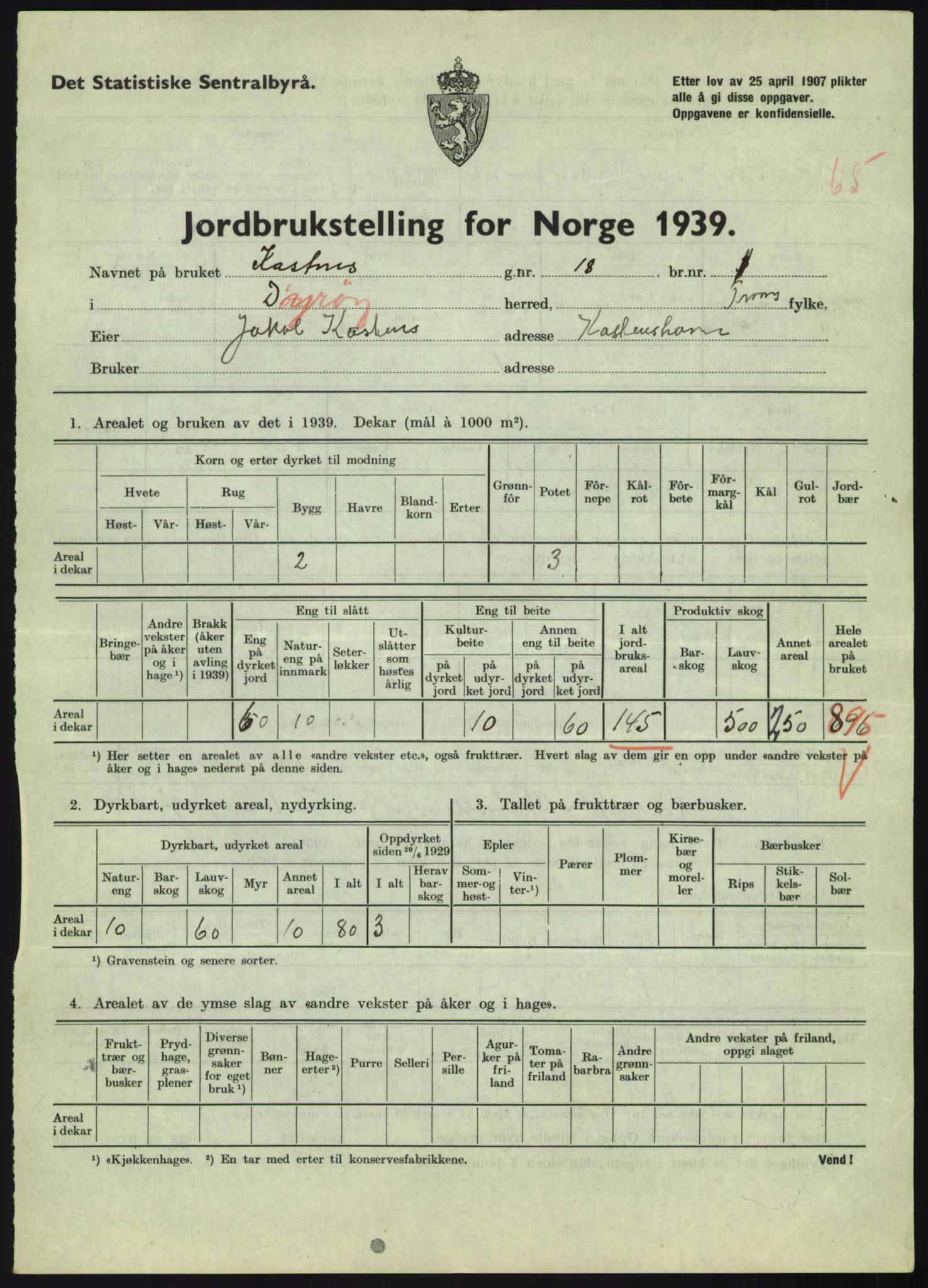 Statistisk sentralbyrå, Næringsøkonomiske emner, Jordbruk, skogbruk, jakt, fiske og fangst, AV/RA-S-2234/G/Gb/L0340: Troms: Salangen og Dyrøy, 1939, s. 1554