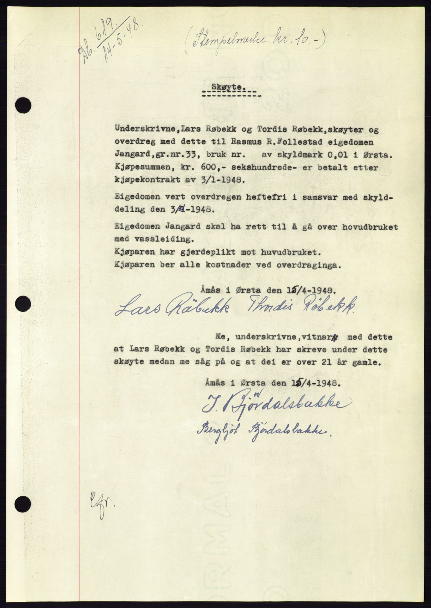 Søre Sunnmøre sorenskriveri, SAT/A-4122/1/2/2C/L0082: Pantebok nr. 8A, 1948-1948, Dagboknr: 619/1948