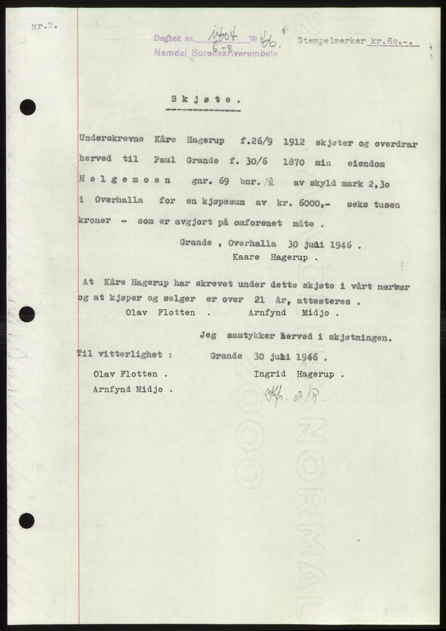 Namdal sorenskriveri, SAT/A-4133/1/2/2C: Pantebok nr. -, 1946-1946, Dagboknr: 1404/1946