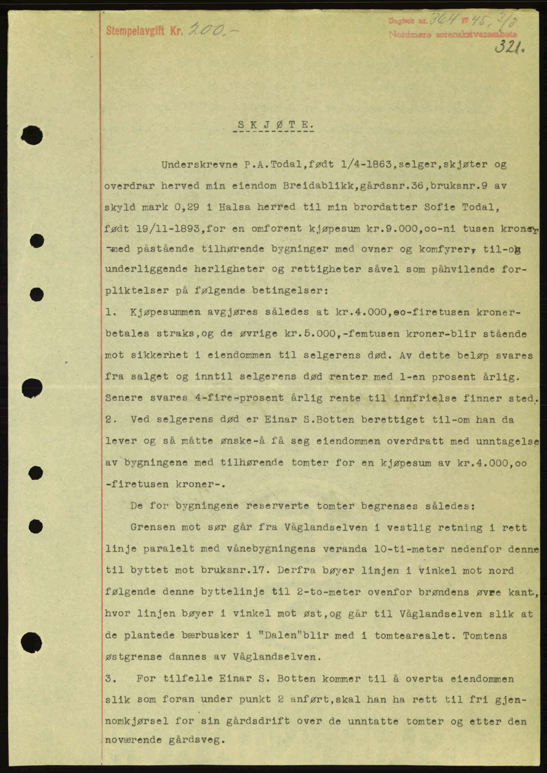Nordmøre sorenskriveri, SAT/A-4132/1/2/2Ca: Pantebok nr. A99, 1945-1945, Dagboknr: 364/1945