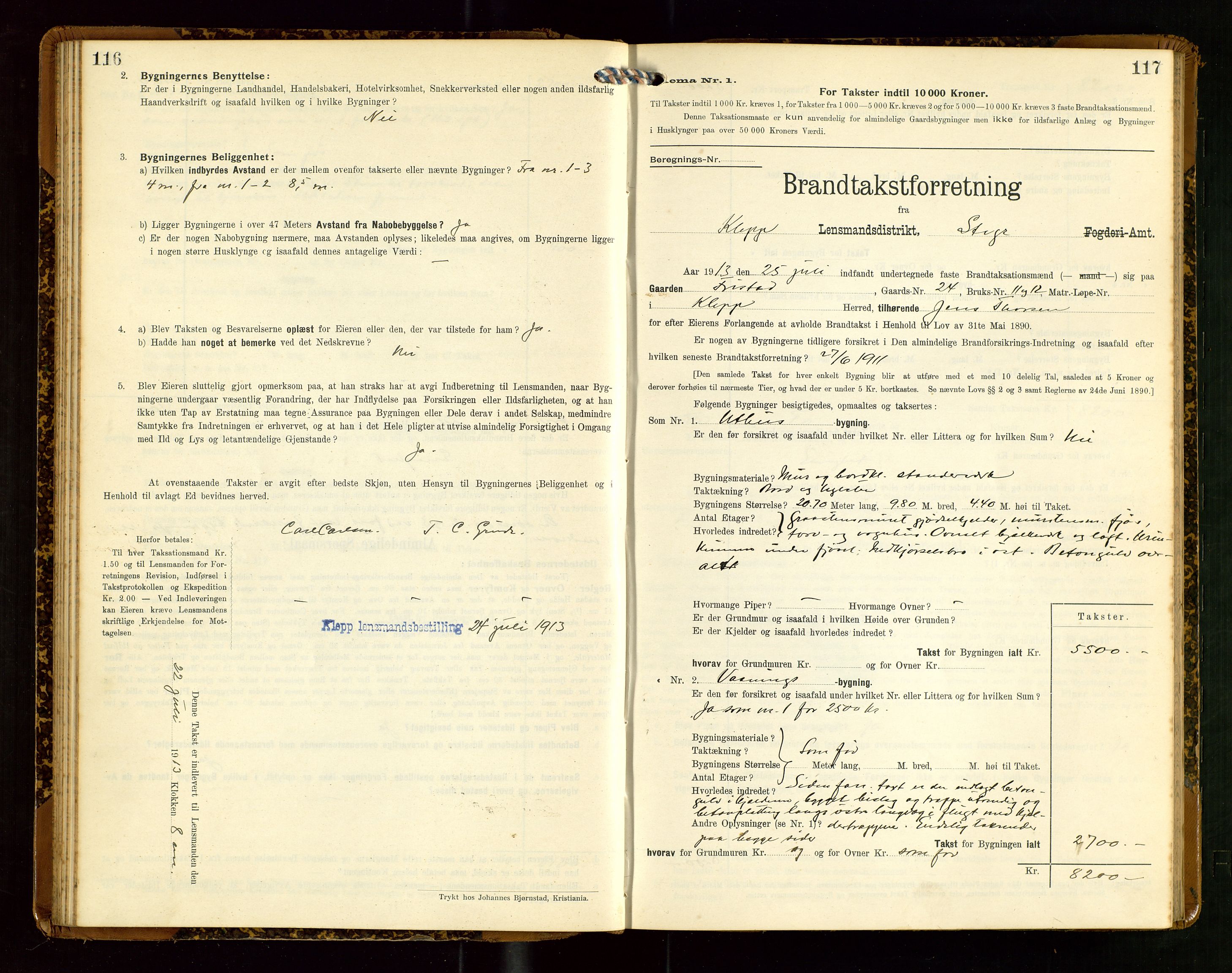 Klepp lensmannskontor, AV/SAST-A-100163/Goc/L0007: "Brandtaxationsprotokol" m/register, 1911-1915, s. 116-117