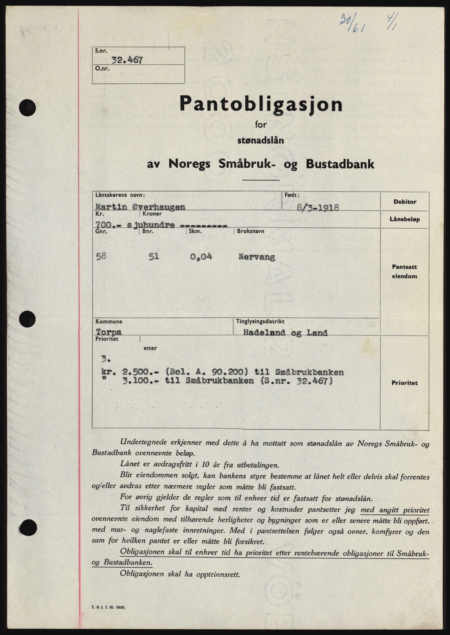 Hadeland og Land tingrett, SAH/TING-010/H/Hb/Hbc/L0044: Pantebok nr. B44, 1960-1961, Dagboknr: 30/1961