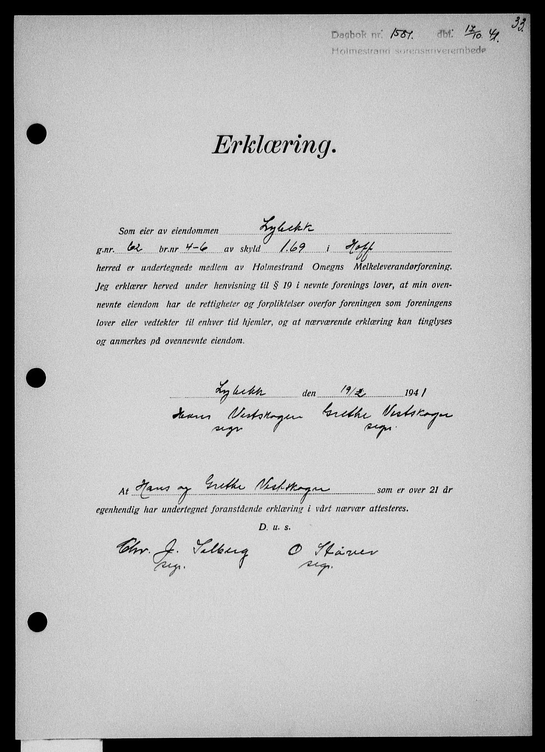 Holmestrand sorenskriveri, SAKO/A-67/G/Ga/Gaa/L0054: Pantebok nr. A-54, 1941-1942, Dagboknr: 1581/1941