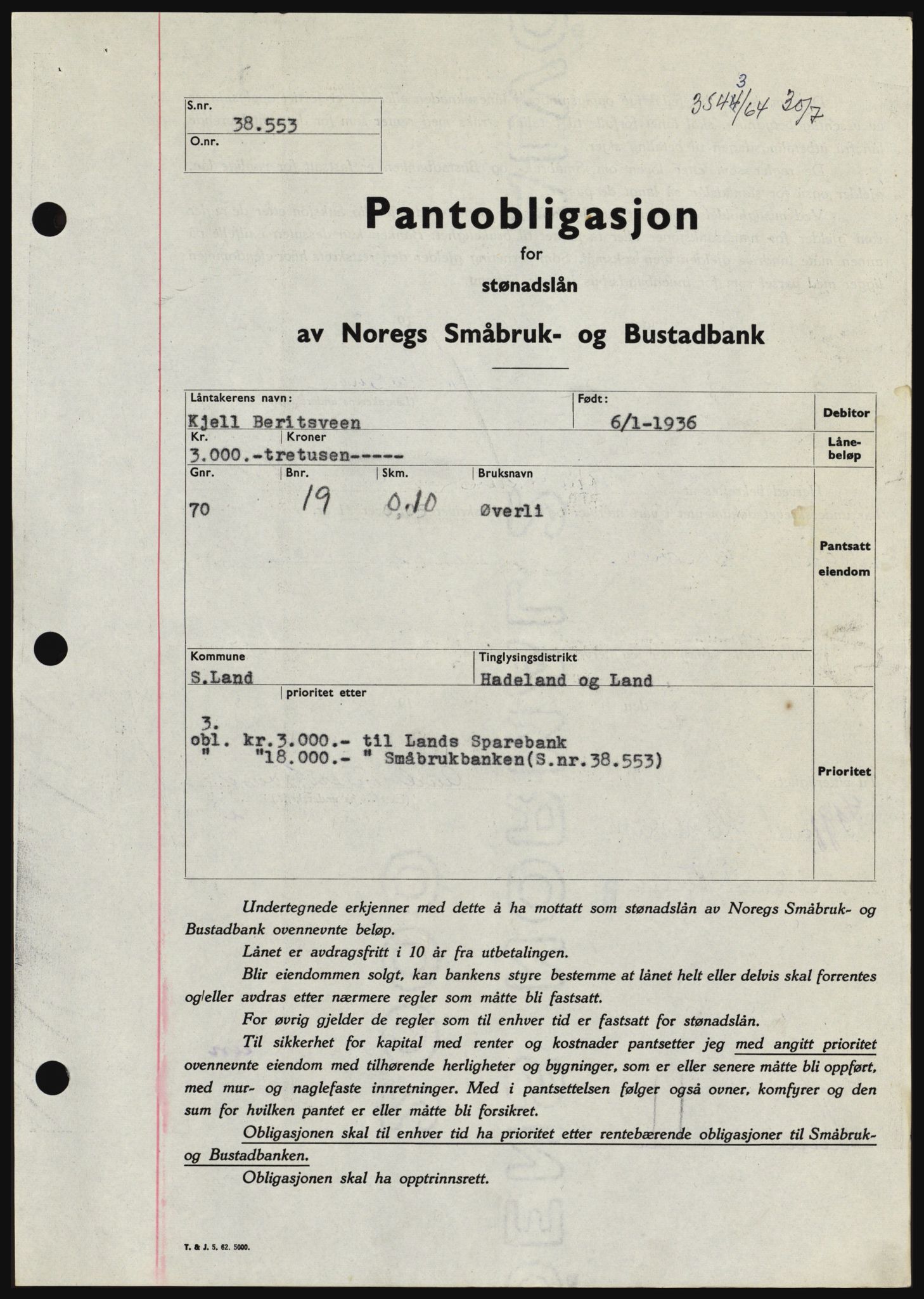 Hadeland og Land tingrett, SAH/TING-010/H/Hb/Hbc/L0055: Pantebok nr. B55, 1964-1964, Dagboknr: 3543/1964