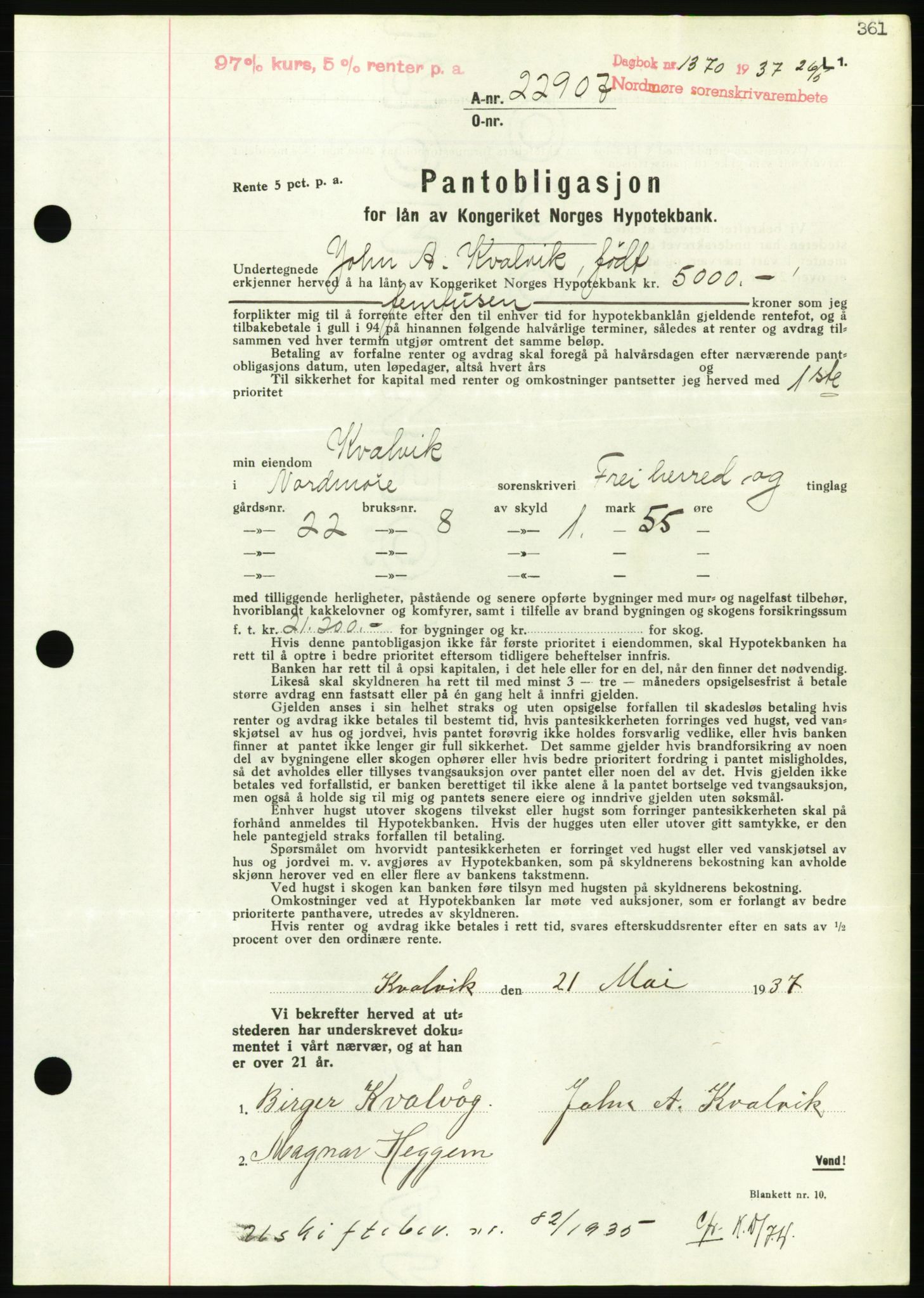 Nordmøre sorenskriveri, AV/SAT-A-4132/1/2/2Ca/L0091: Pantebok nr. B81, 1937-1937, Dagboknr: 1370/1937