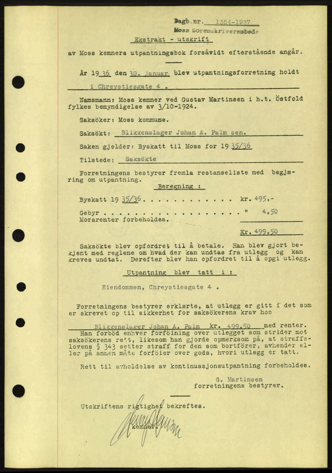 Moss sorenskriveri, SAO/A-10168: Pantebok nr. B3, 1937-1937, Dagboknr: 1354/1937