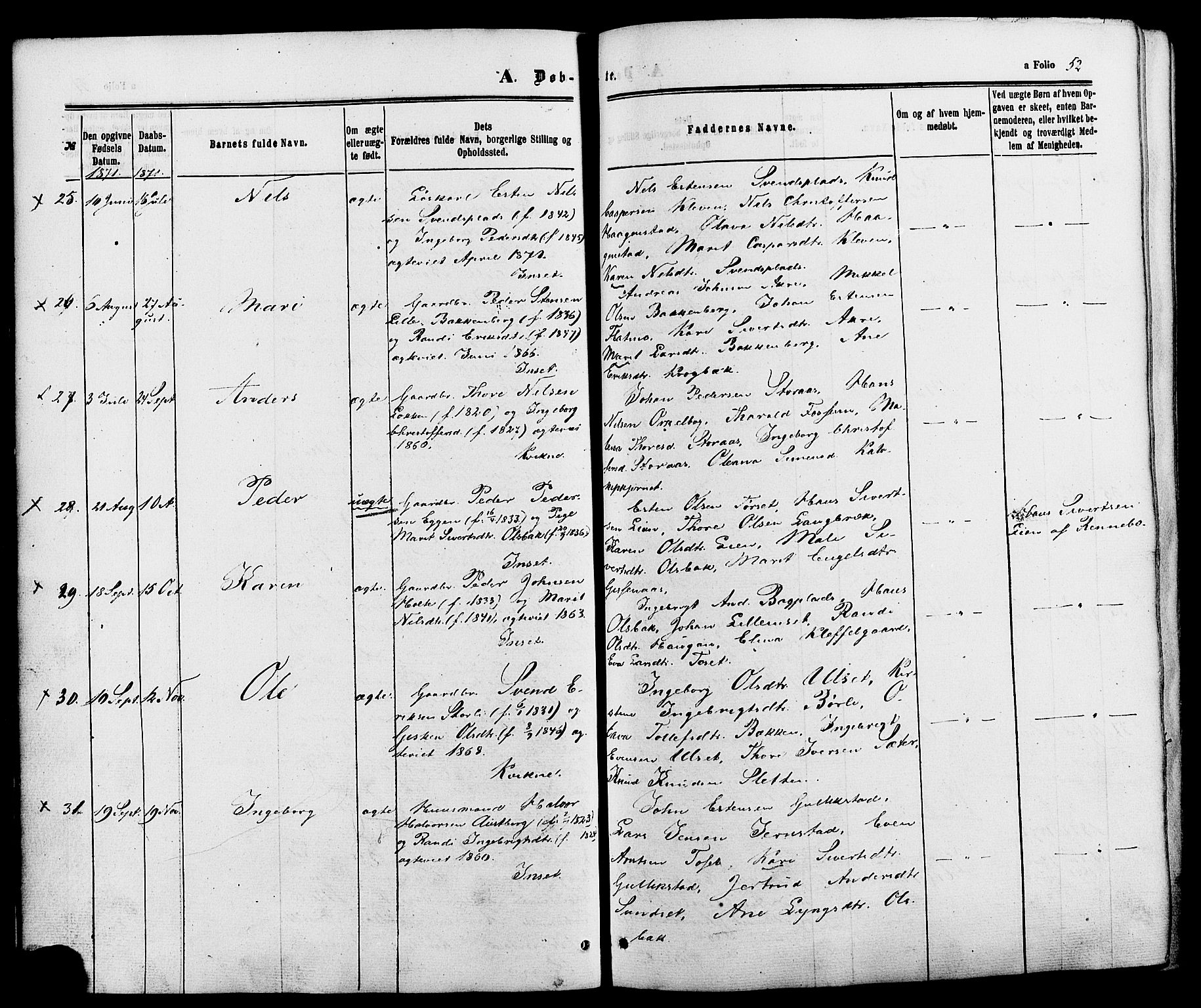 Kvikne prestekontor, AV/SAH-PREST-064/H/Ha/Haa/L0006: Ministerialbok nr. 6, 1863-1886, s. 52
