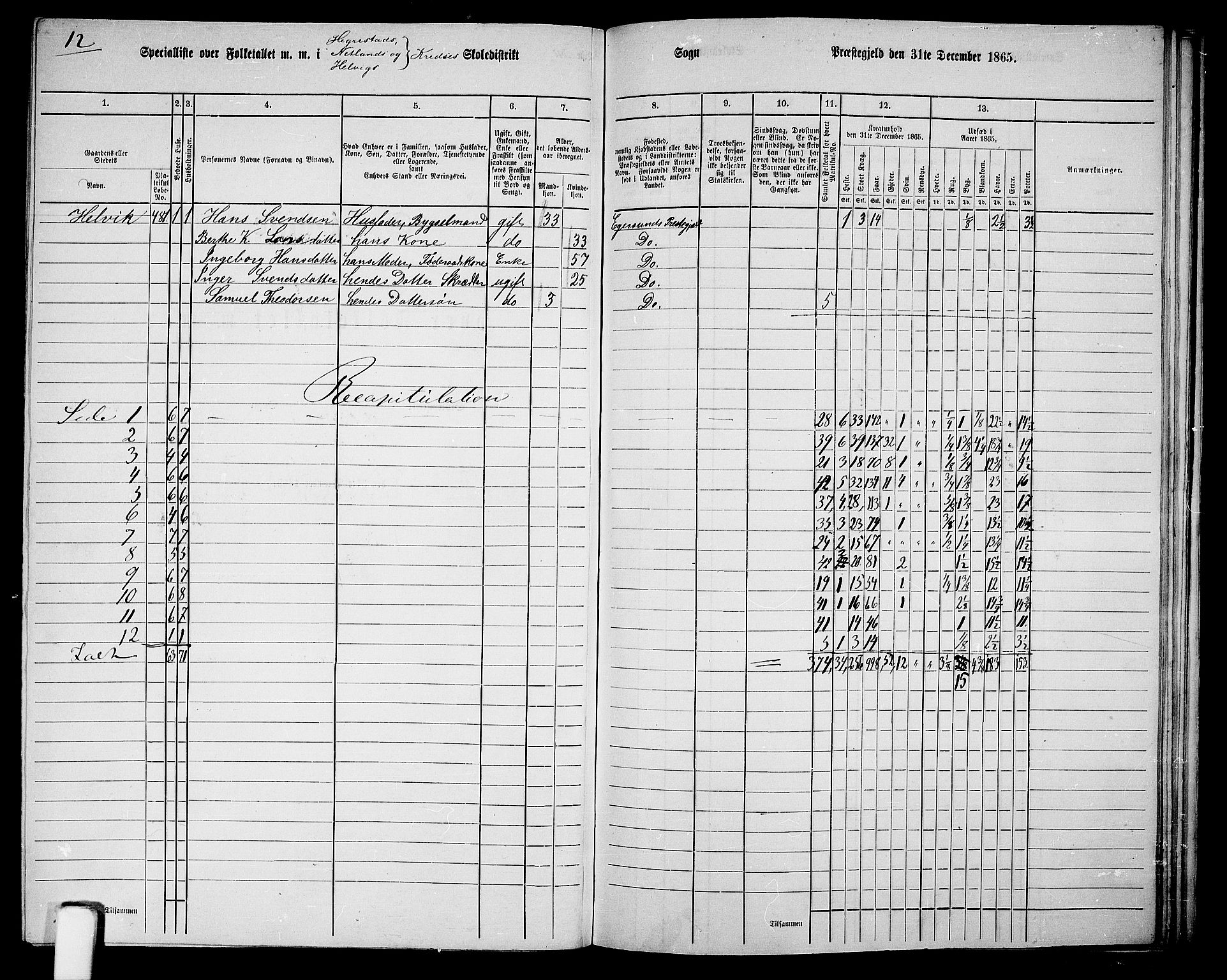 RA, Folketelling 1865 for 1116L Eigersund prestegjeld, Eigersund landsokn og Ogna sokn, 1865, s. 129