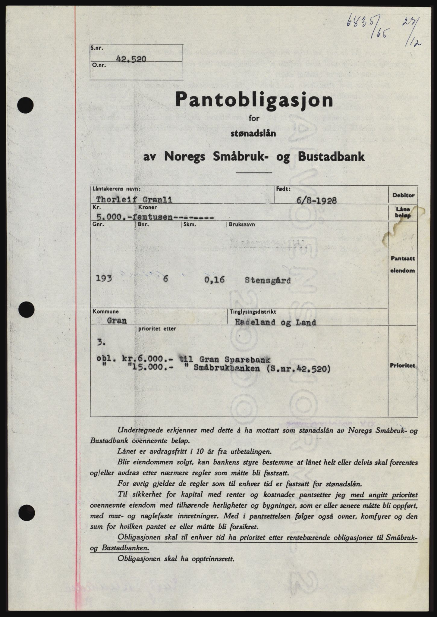 Hadeland og Land tingrett, SAH/TING-010/H/Hb/Hbc/L0061: Pantebok nr. B61, 1965-1966, Dagboknr: 6835/1965