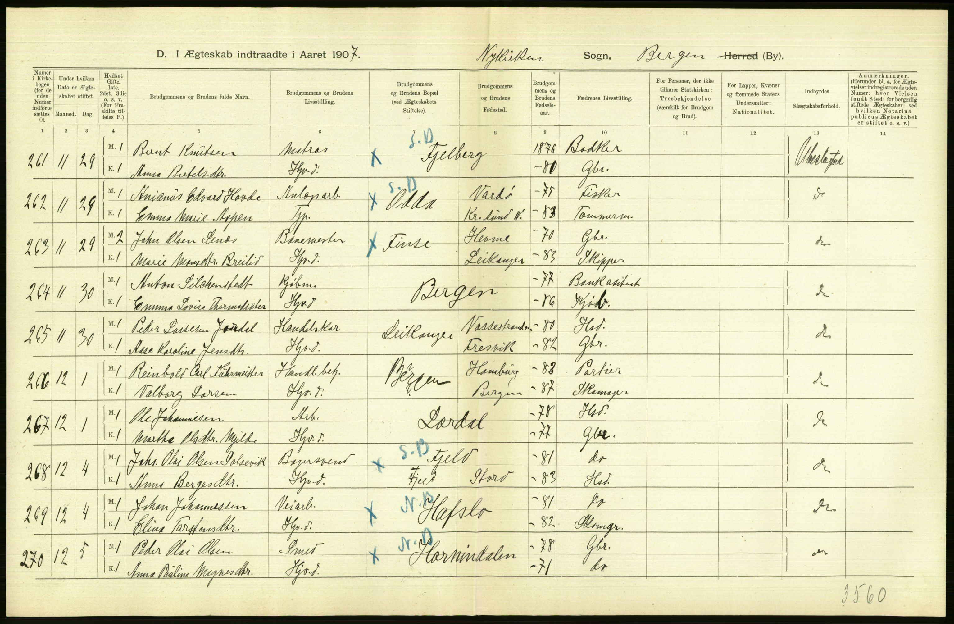 Statistisk sentralbyrå, Sosiodemografiske emner, Befolkning, AV/RA-S-2228/D/Df/Dfa/Dfae/L0031: Bergen: gifte, døde, dødfødte., 1907, s. 8