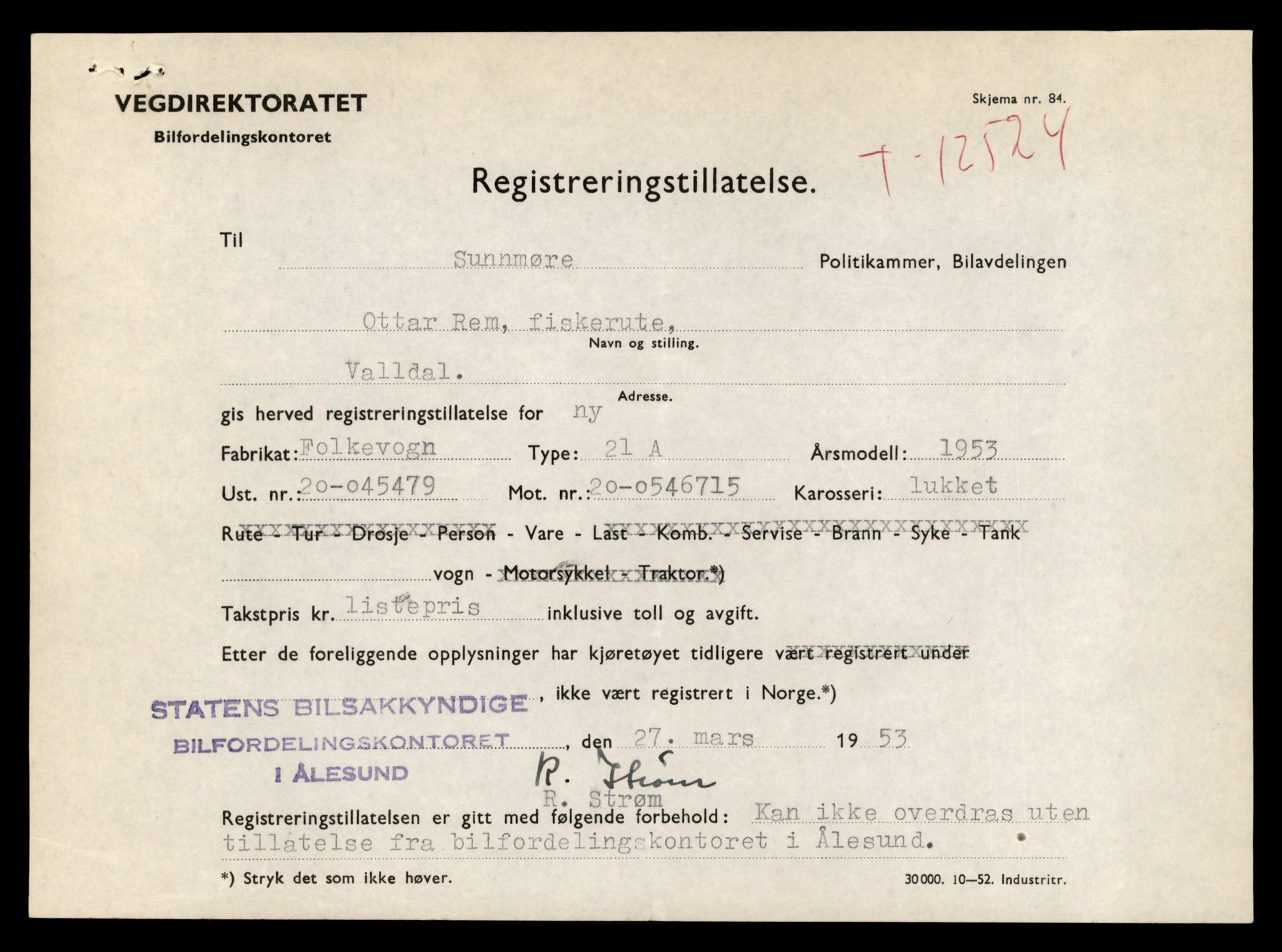 Møre og Romsdal vegkontor - Ålesund trafikkstasjon, AV/SAT-A-4099/F/Fe/L0034: Registreringskort for kjøretøy T 12500 - T 12652, 1927-1998, s. 422