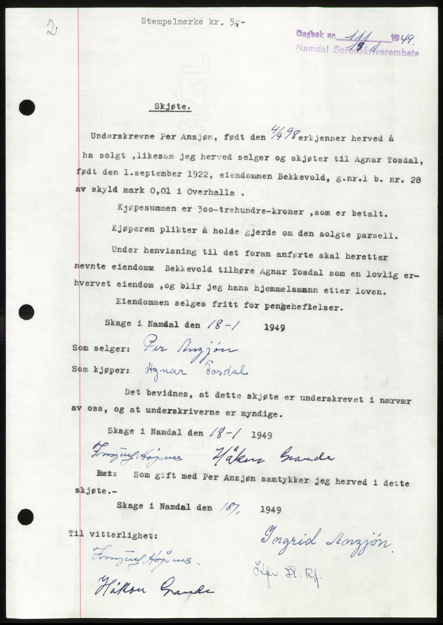Namdal sorenskriveri, SAT/A-4133/1/2/2C: Pantebok nr. -, 1949-1949, Dagboknr: 111/1949