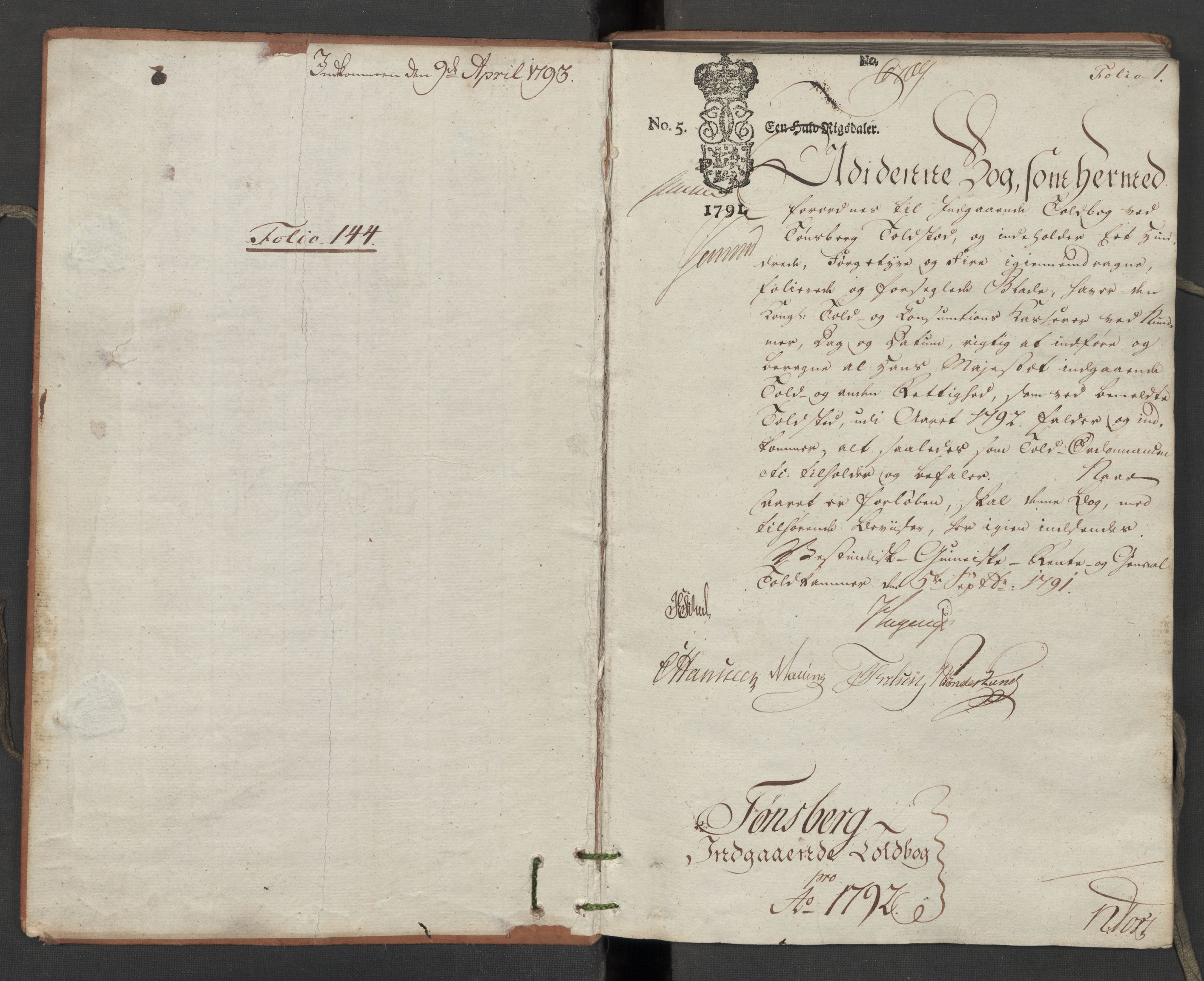Generaltollkammeret, tollregnskaper, RA/EA-5490/R10/L0054/0001: Tollregnskaper Tønsberg / Inngående tollbok, 1790-1792, s. 1a