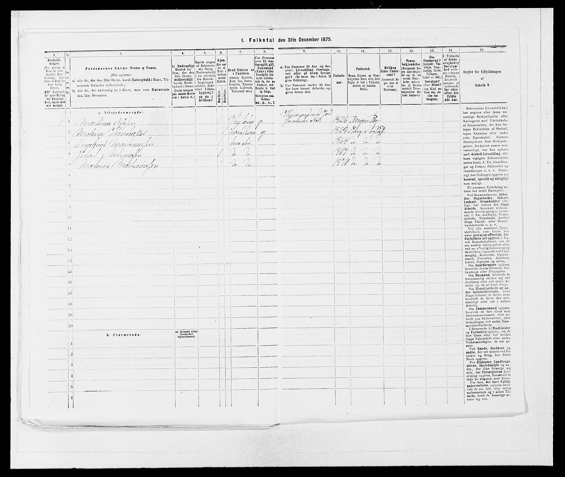 SAB, Folketelling 1875 for 1261P Manger prestegjeld, 1875, s. 1007