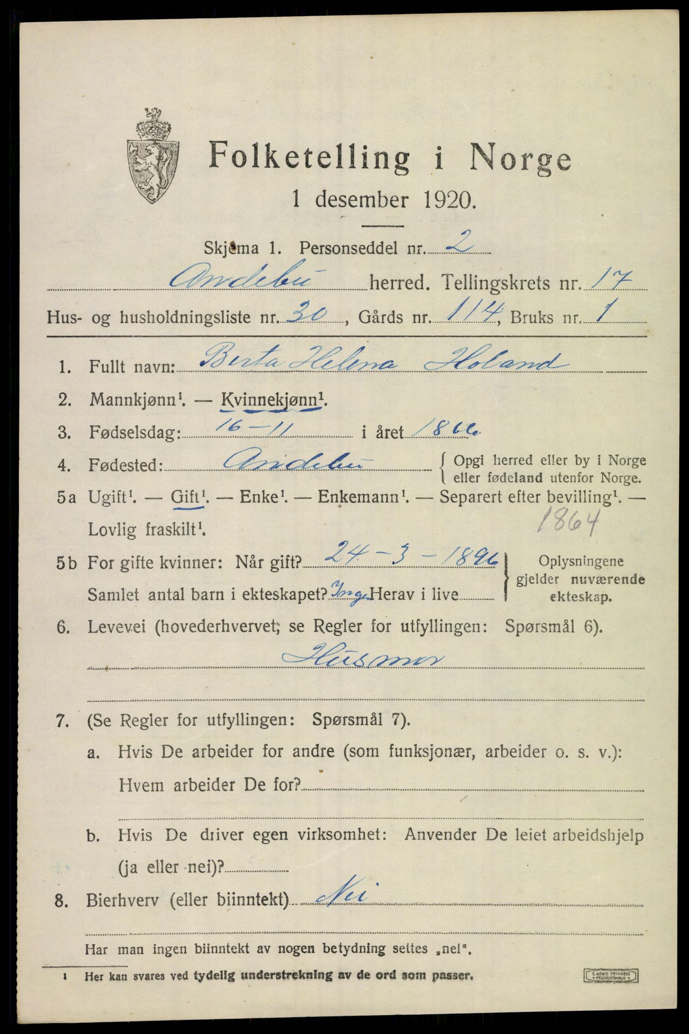 SAKO, Folketelling 1920 for 0719 Andebu herred, 1920, s. 6028