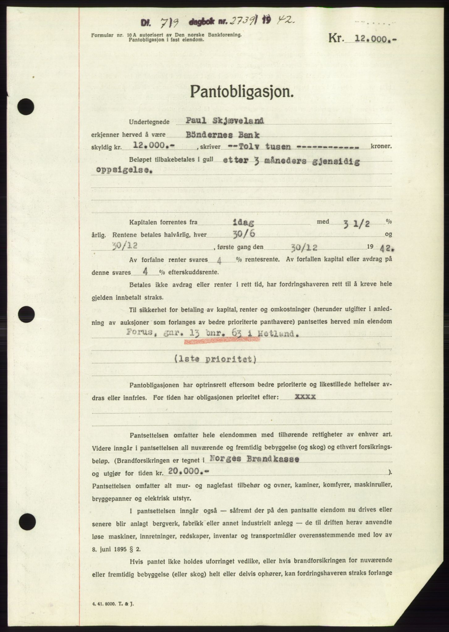 Jæren sorenskriveri, SAST/A-100310/03/G/Gba/L0083: Pantebok, 1942-1942, Dagboknr: 2739/1942