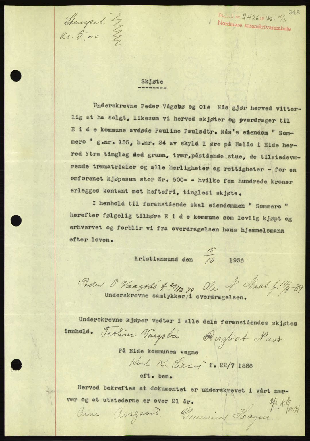 Nordmøre sorenskriveri, SAT/A-4132/1/2/2Ca: Pantebok nr. A80, 1936-1937, Dagboknr: 2426/1936