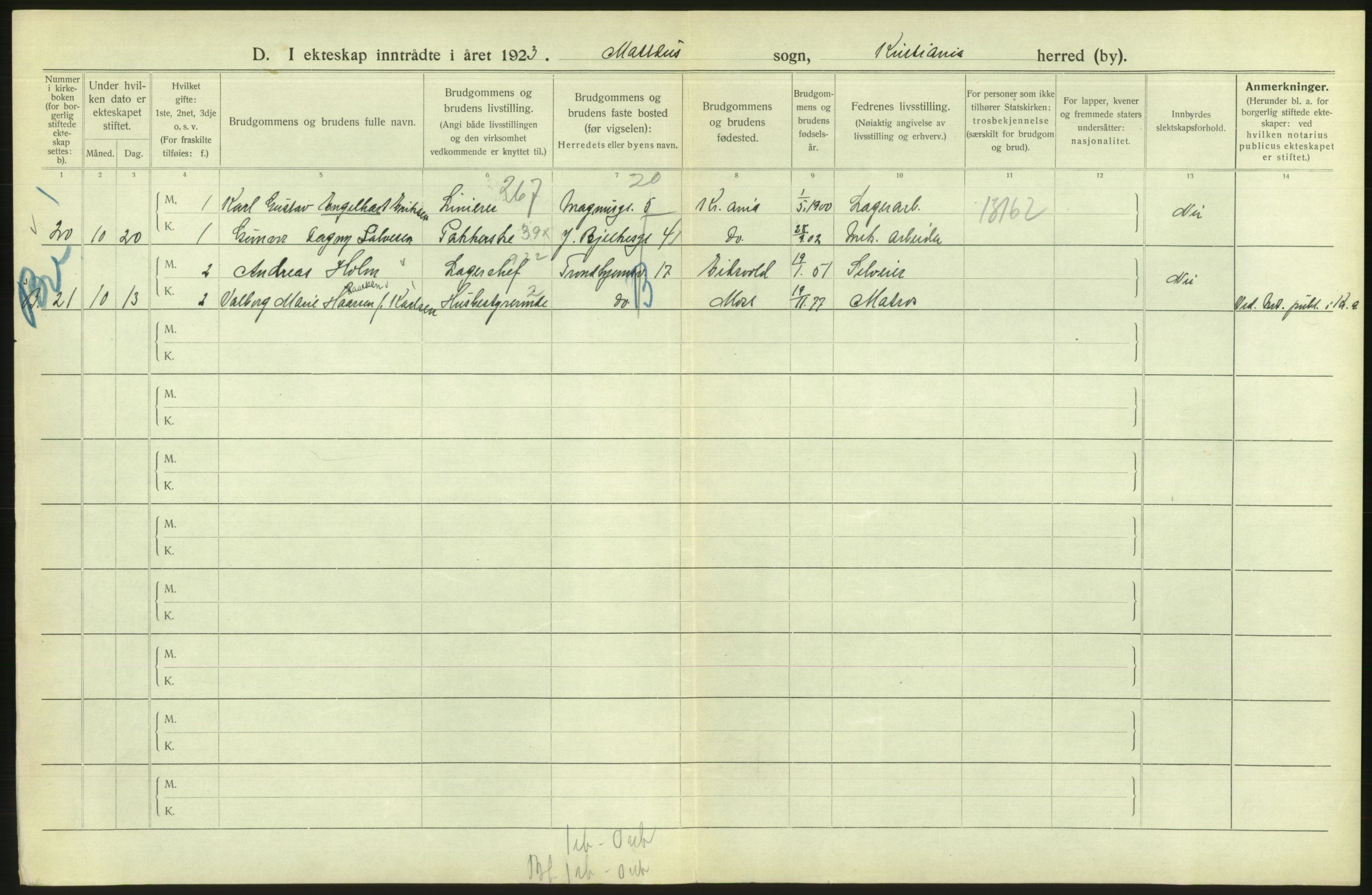 Statistisk sentralbyrå, Sosiodemografiske emner, Befolkning, AV/RA-S-2228/D/Df/Dfc/Dfcc/L0008: Kristiania: Gifte, 1923, s. 468