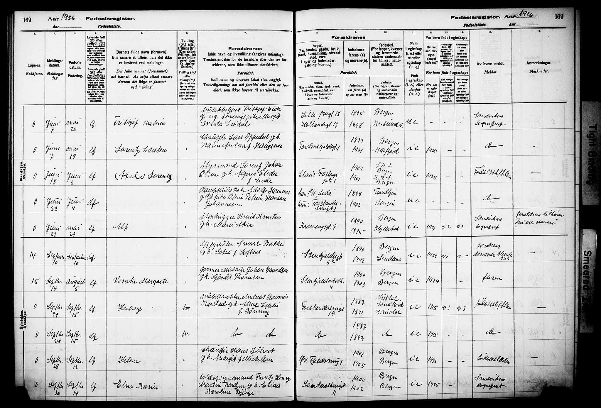 Korskirken sokneprestembete, AV/SAB-A-76101/I/Id/L00A1: Fødselsregister nr. A 1, 1916-1929, s. 169