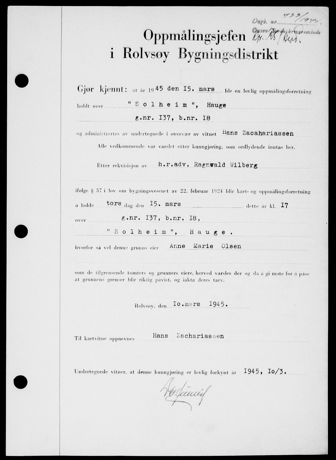 Onsøy sorenskriveri, SAO/A-10474/G/Ga/Gab/L0014: Pantebok nr. II A-14, 1944-1945, Dagboknr: 433/1945