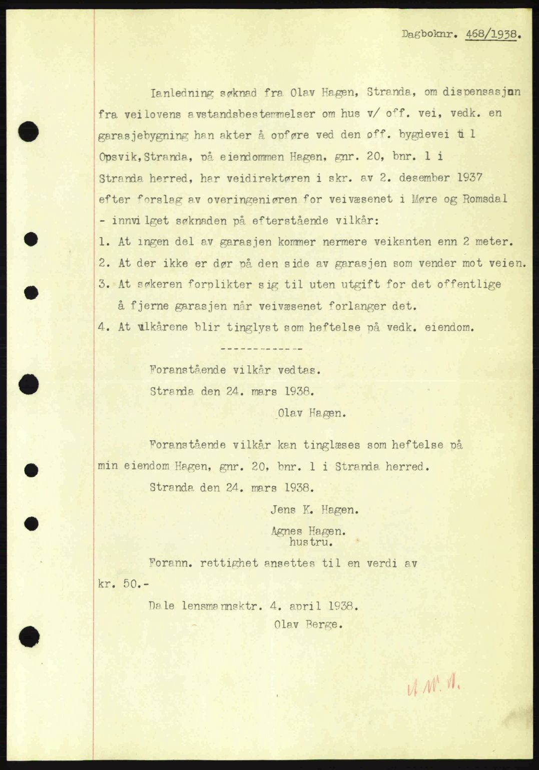 Nordre Sunnmøre sorenskriveri, AV/SAT-A-0006/1/2/2C/2Ca: Pantebok nr. A4, 1937-1938, Dagboknr: 468/1938