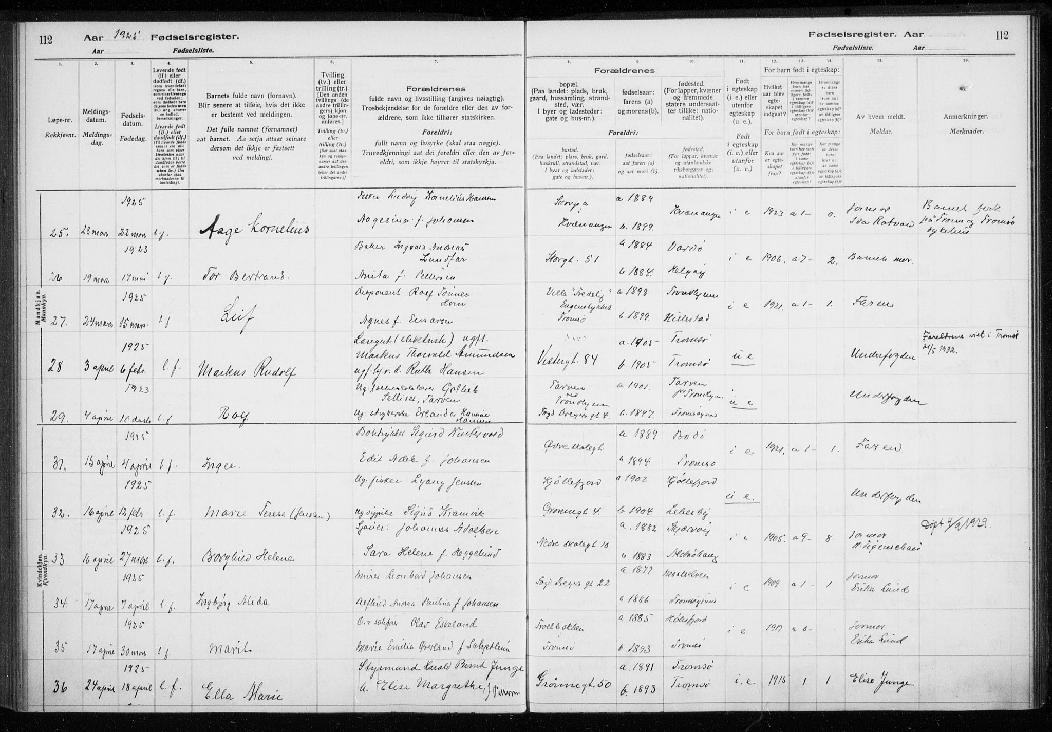 Tromsø sokneprestkontor/stiftsprosti/domprosti, AV/SATØ-S-1343/H/Ha/L0132: Fødselsregister nr. 132, 1921-1927, s. 112