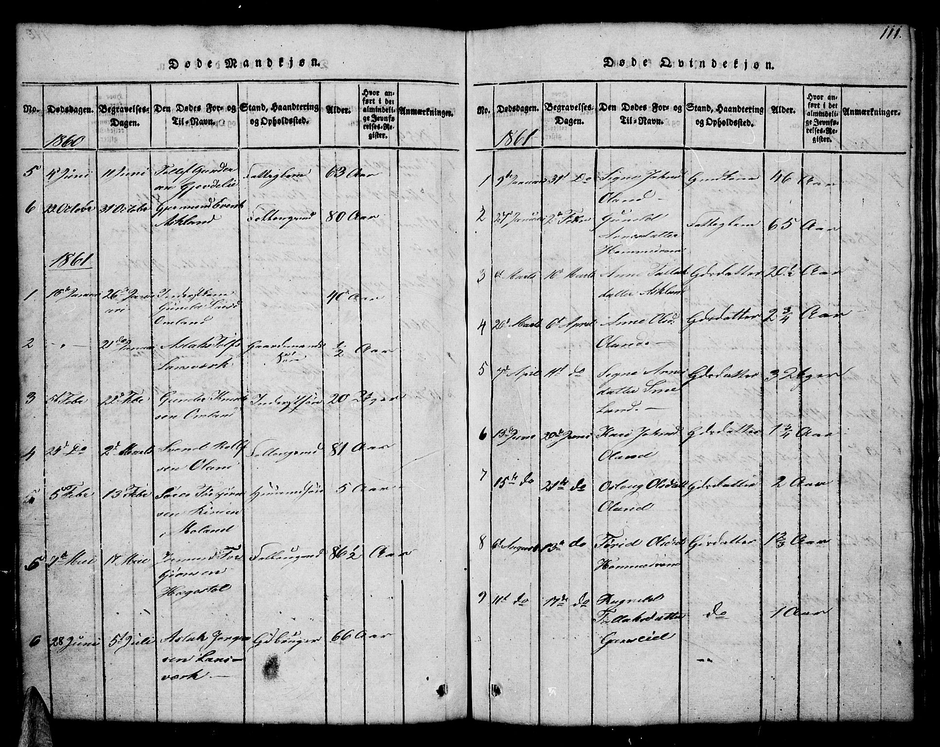 Åmli sokneprestkontor, SAK/1111-0050/F/Fb/Fba/L0001: Klokkerbok nr. B 1, 1816-1890, s. 111
