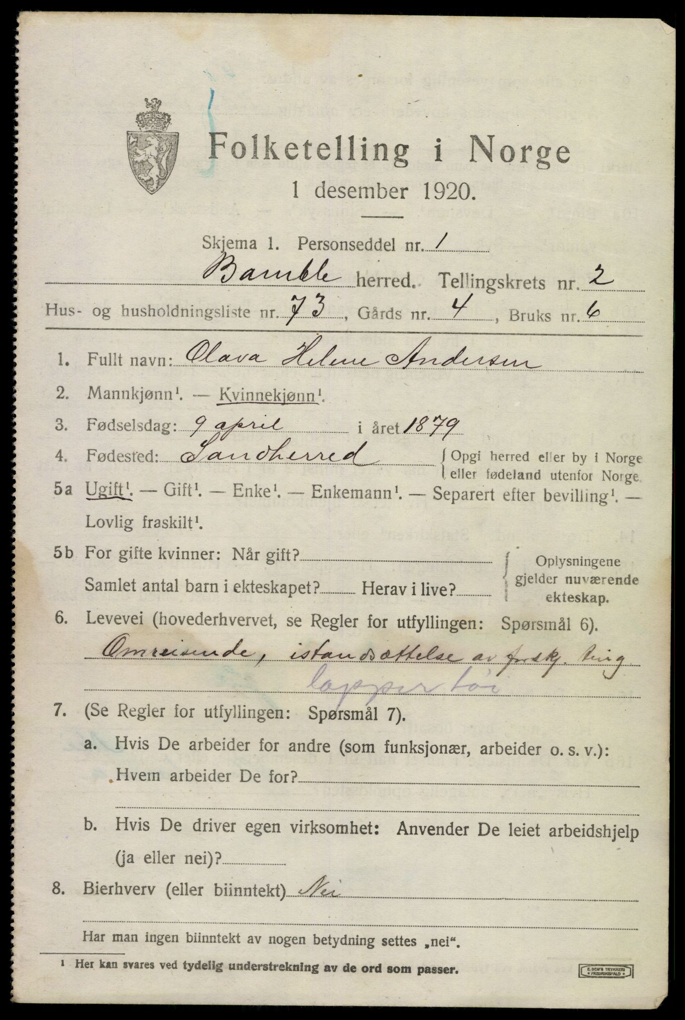 SAKO, Folketelling 1920 for 0814 Bamble herred, 1920, s. 3789