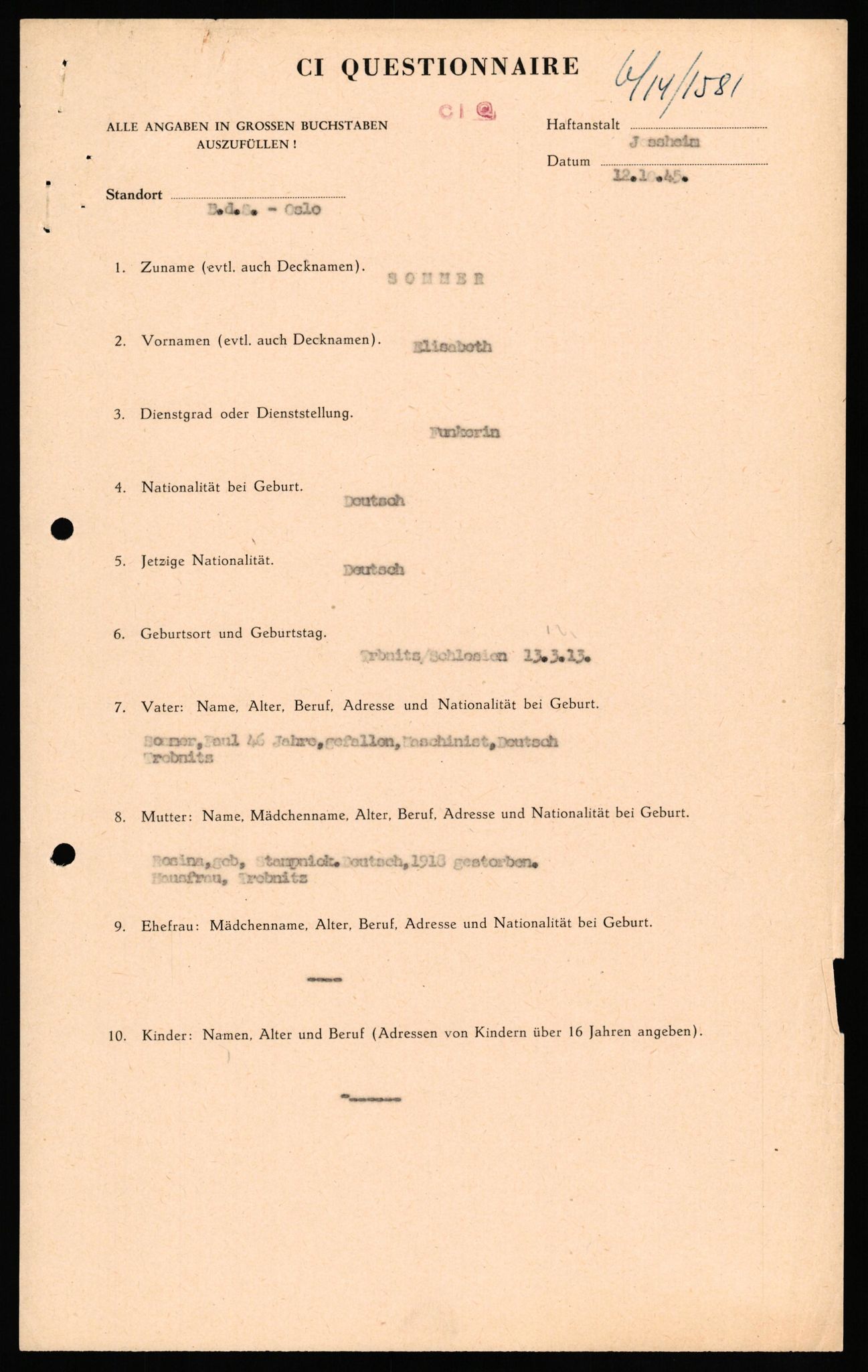 Forsvaret, Forsvarets overkommando II, RA/RAFA-3915/D/Db/L0032: CI Questionaires. Tyske okkupasjonsstyrker i Norge. Tyskere., 1945-1946, s. 159