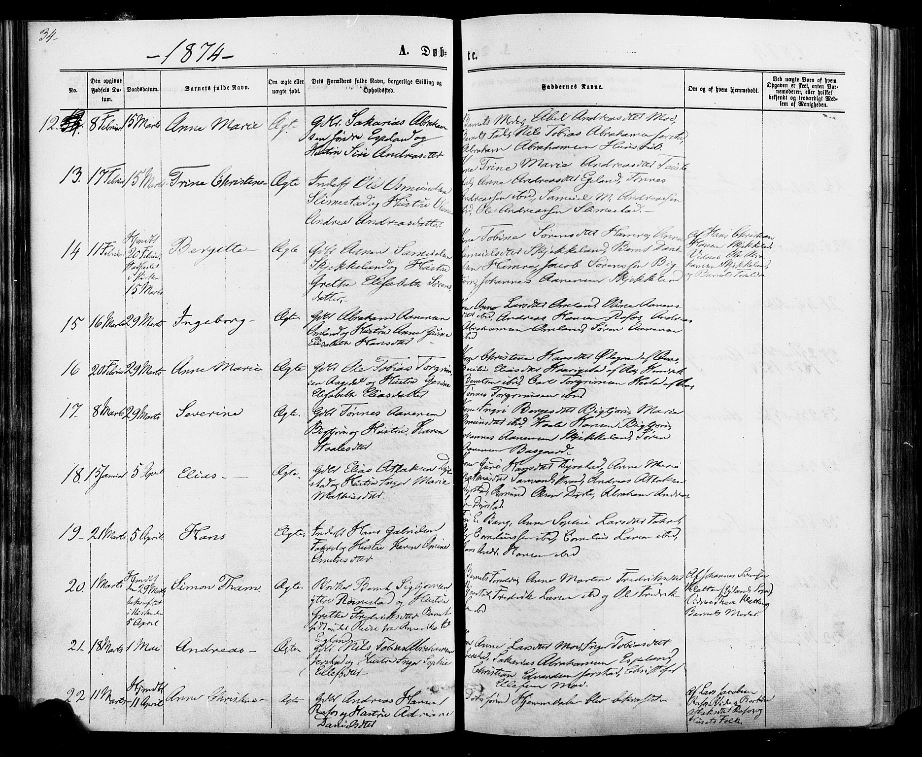 Kvinesdal sokneprestkontor, SAK/1111-0026/F/Fa/Fab/L0007: Ministerialbok nr. A 7, 1870-1885, s. 34