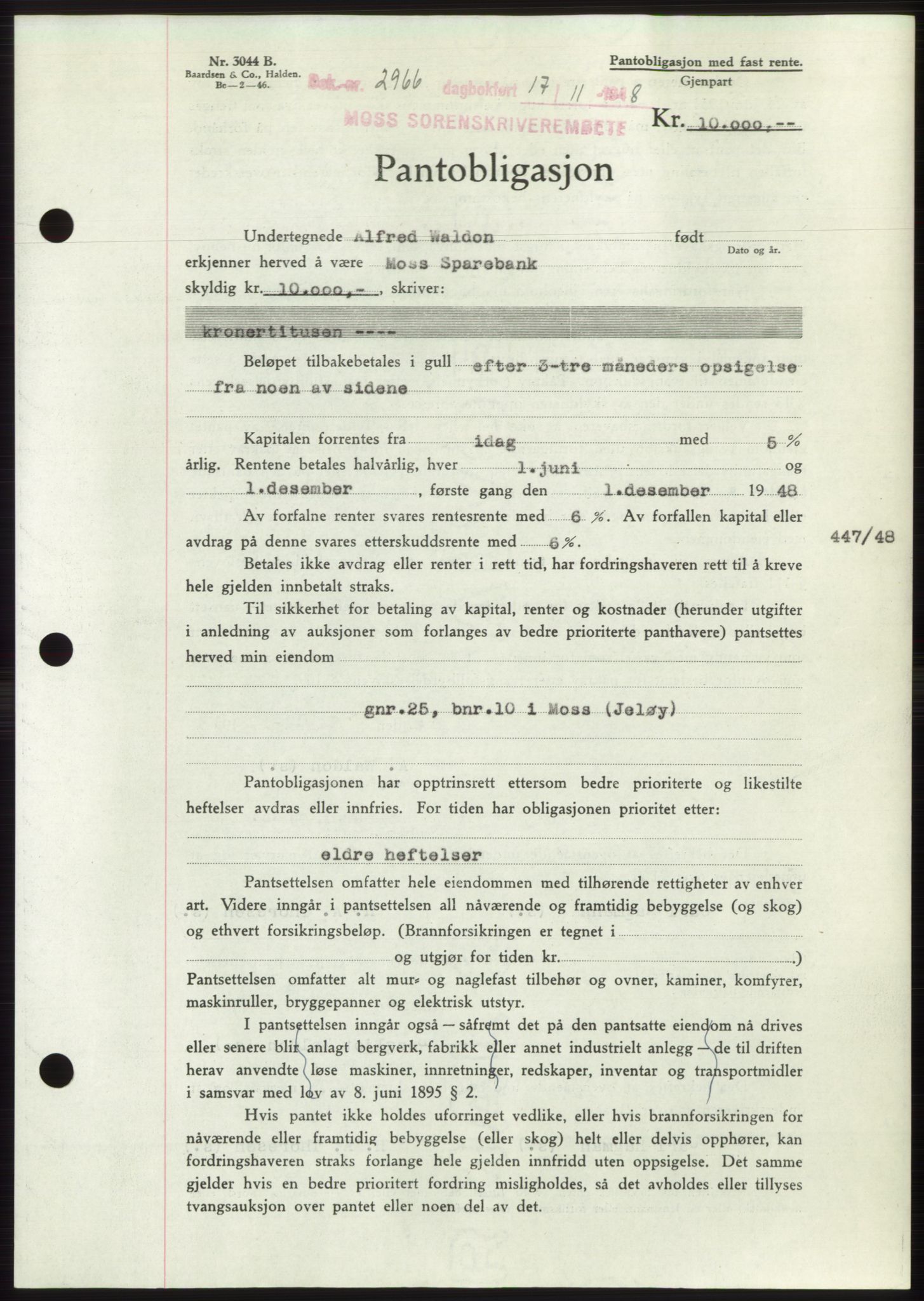 Moss sorenskriveri, AV/SAO-A-10168: Pantebok nr. B20, 1948-1948, Dagboknr: 2966/1948