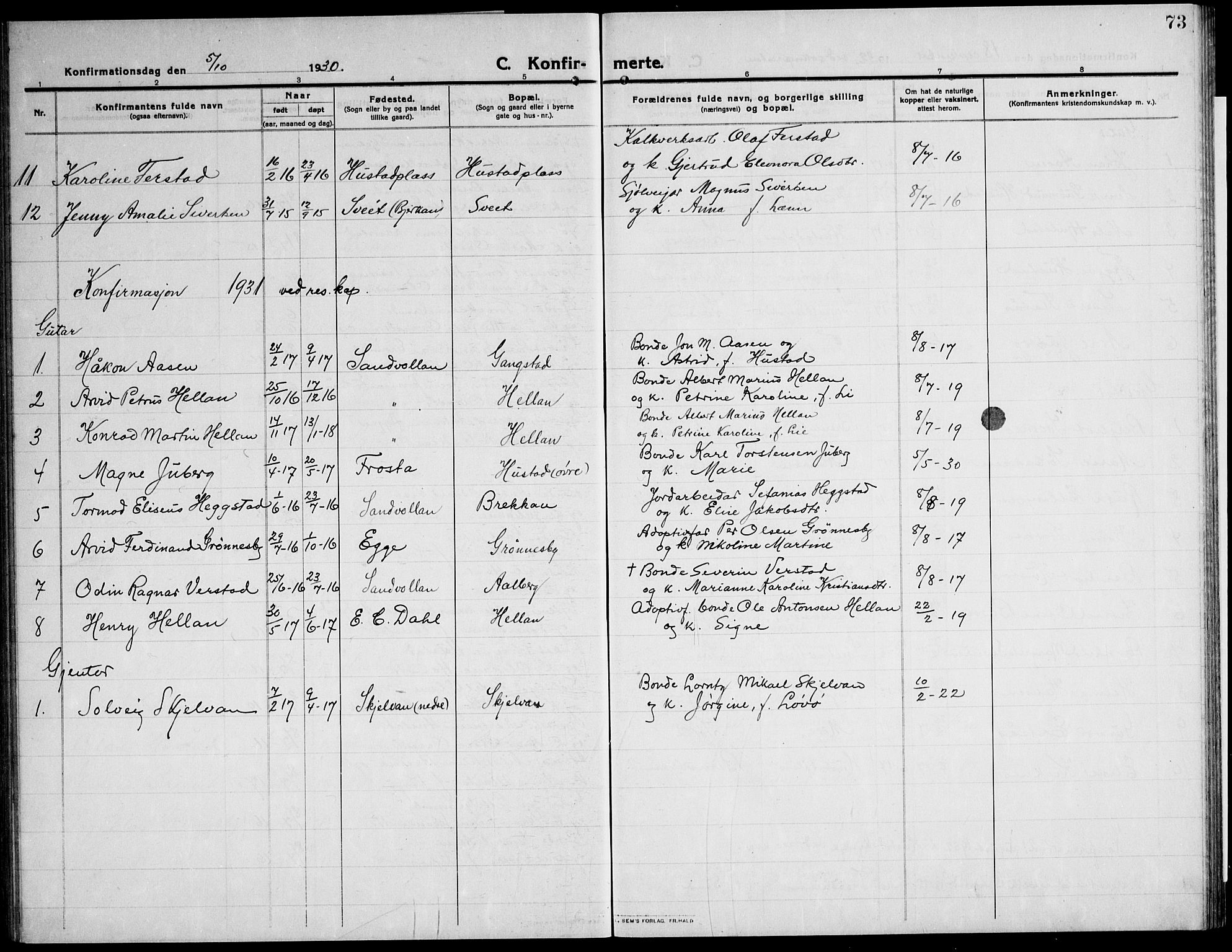 Ministerialprotokoller, klokkerbøker og fødselsregistre - Nord-Trøndelag, AV/SAT-A-1458/732/L0319: Klokkerbok nr. 732C03, 1911-1945, s. 73