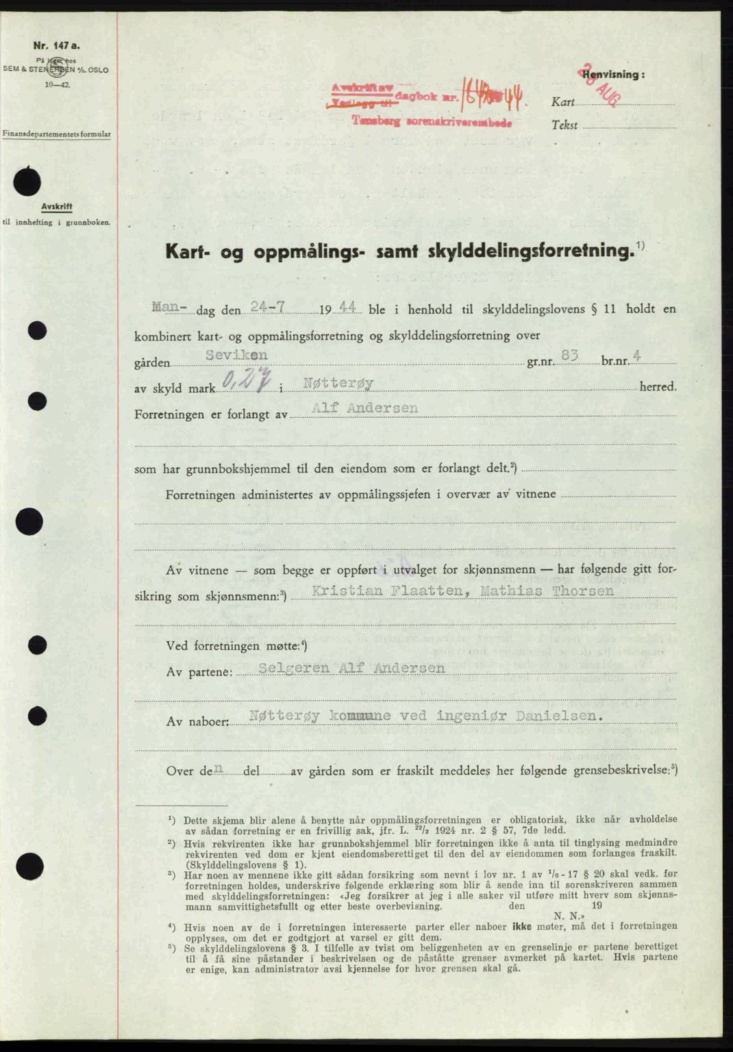 Tønsberg sorenskriveri, AV/SAKO-A-130/G/Ga/Gaa/L0015: Pantebok nr. A15, 1944-1944, Dagboknr: 1842/1944