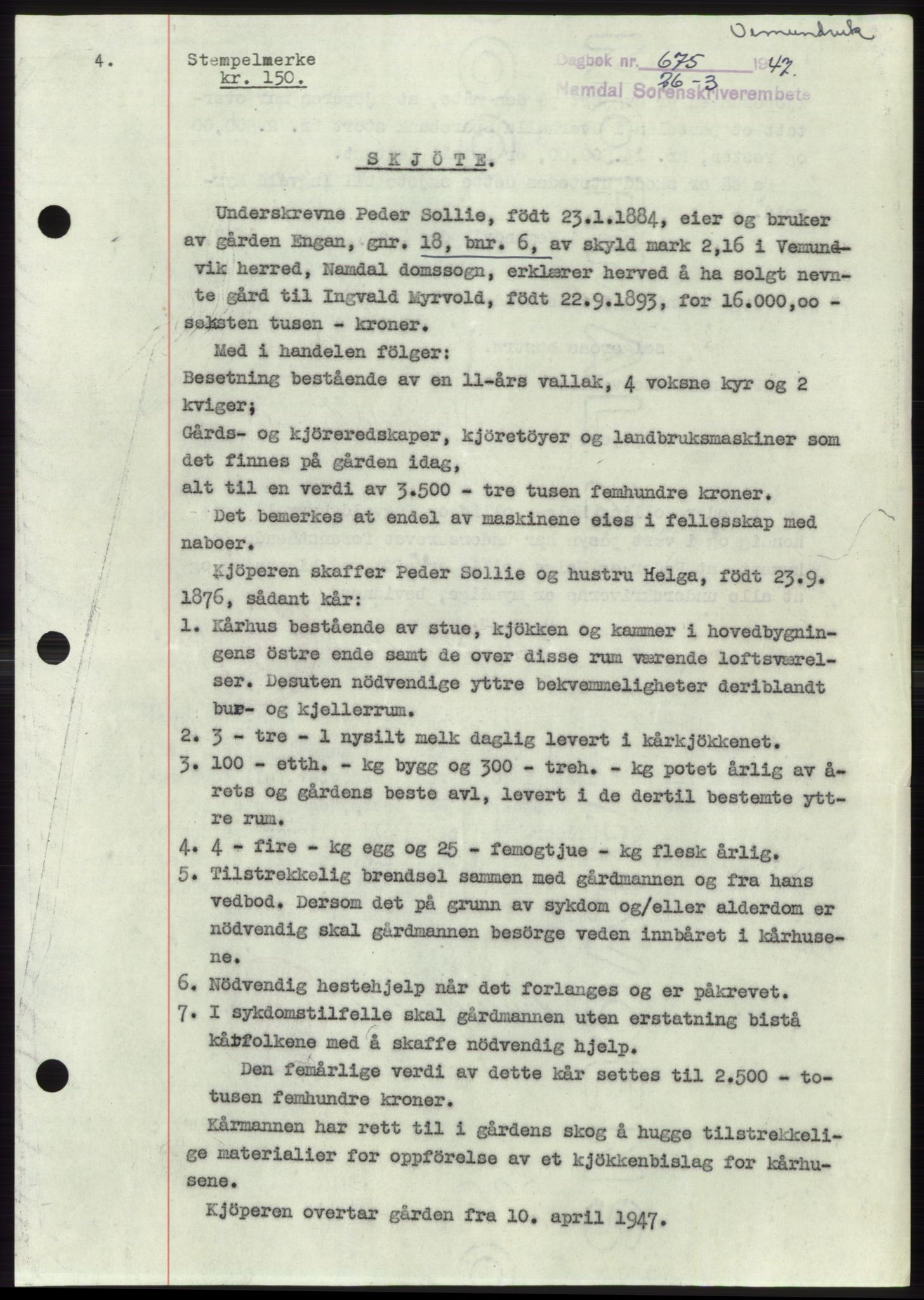 Namdal sorenskriveri, SAT/A-4133/1/2/2C: Pantebok nr. -, 1946-1947, Dagboknr: 675/1947