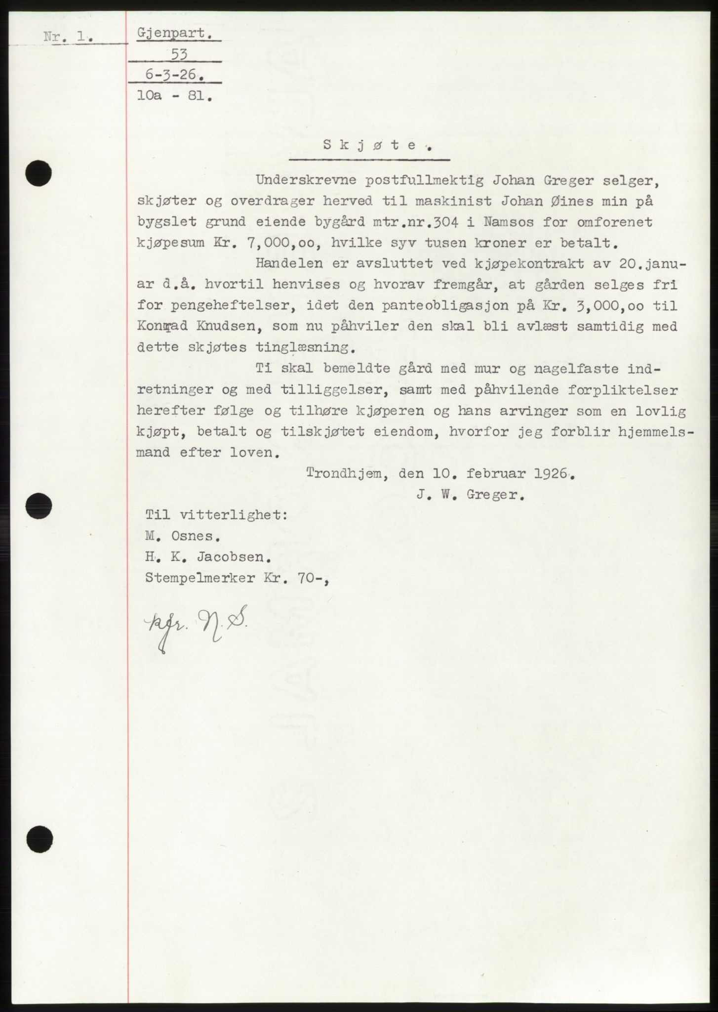 Namdal sorenskriveri, SAT/A-4133/1/2/2C: Pantebok nr. -, 1926-1930, Tingl.dato: 06.03.1926
