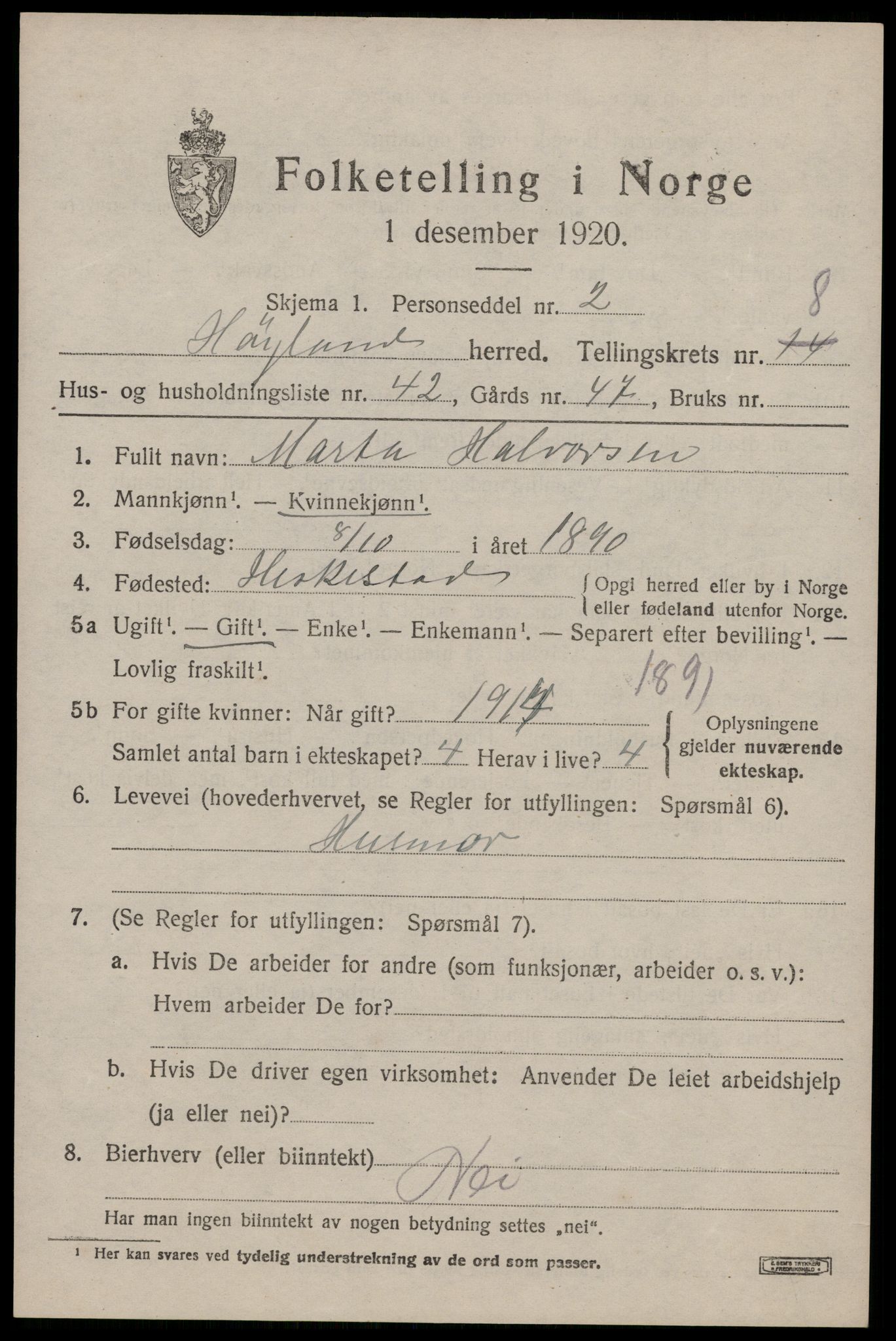 SAST, Folketelling 1920 for 1123 Høyland herred, 1920, s. 5720