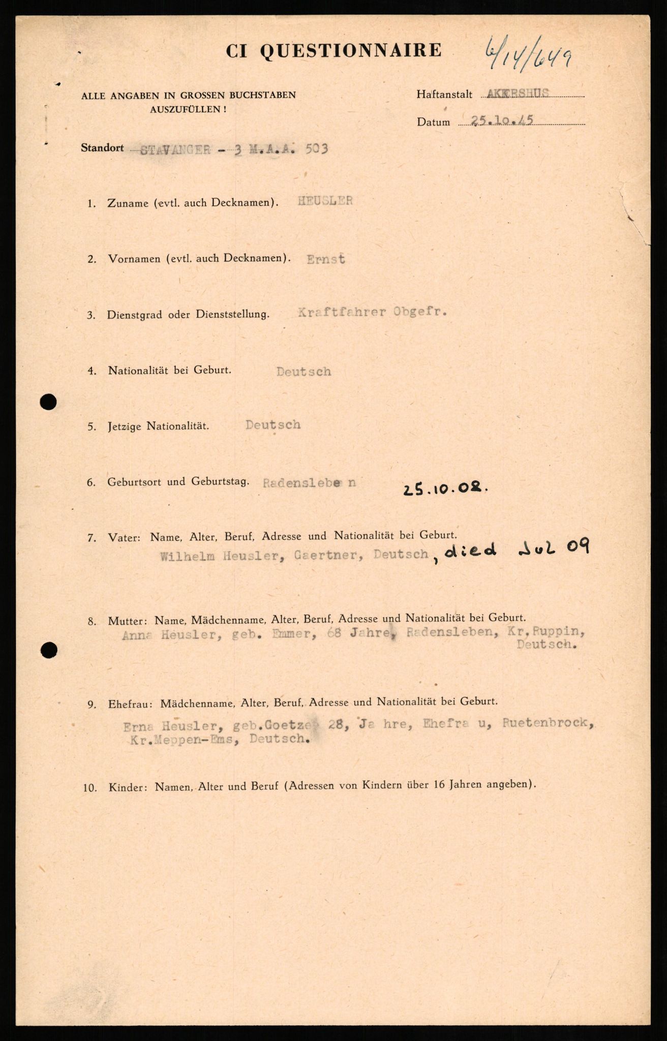 Forsvaret, Forsvarets overkommando II, AV/RA-RAFA-3915/D/Db/L0013: CI Questionaires. Tyske okkupasjonsstyrker i Norge. Tyskere., 1945-1946, s. 133