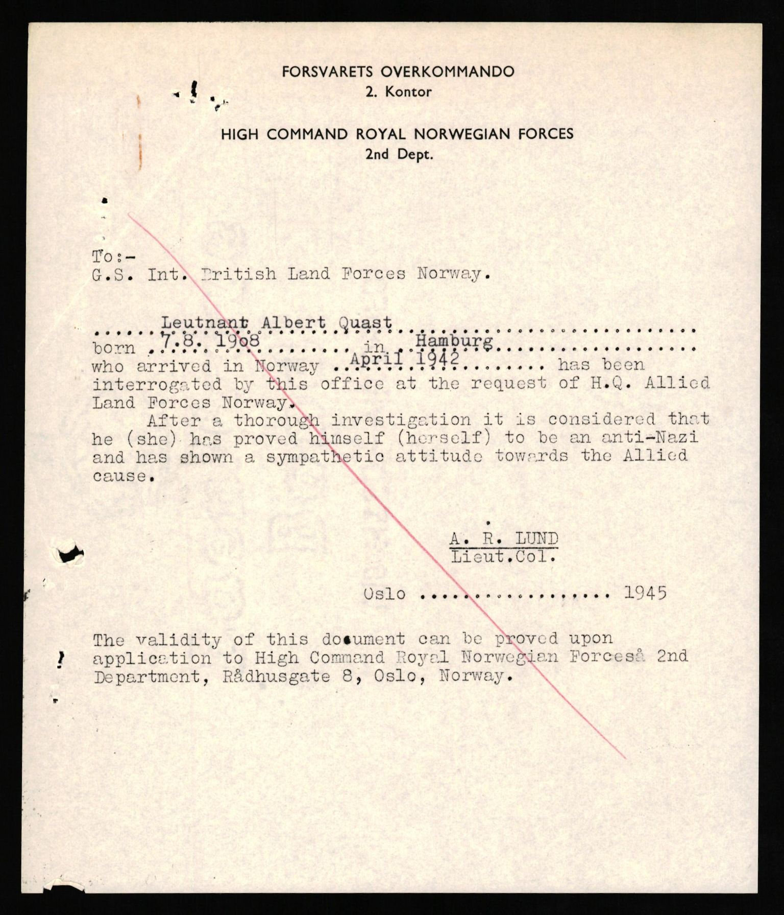 Forsvaret, Forsvarets overkommando II, AV/RA-RAFA-3915/D/Db/L0026: CI Questionaires. Tyske okkupasjonsstyrker i Norge. Tyskere., 1945-1946, s. 466