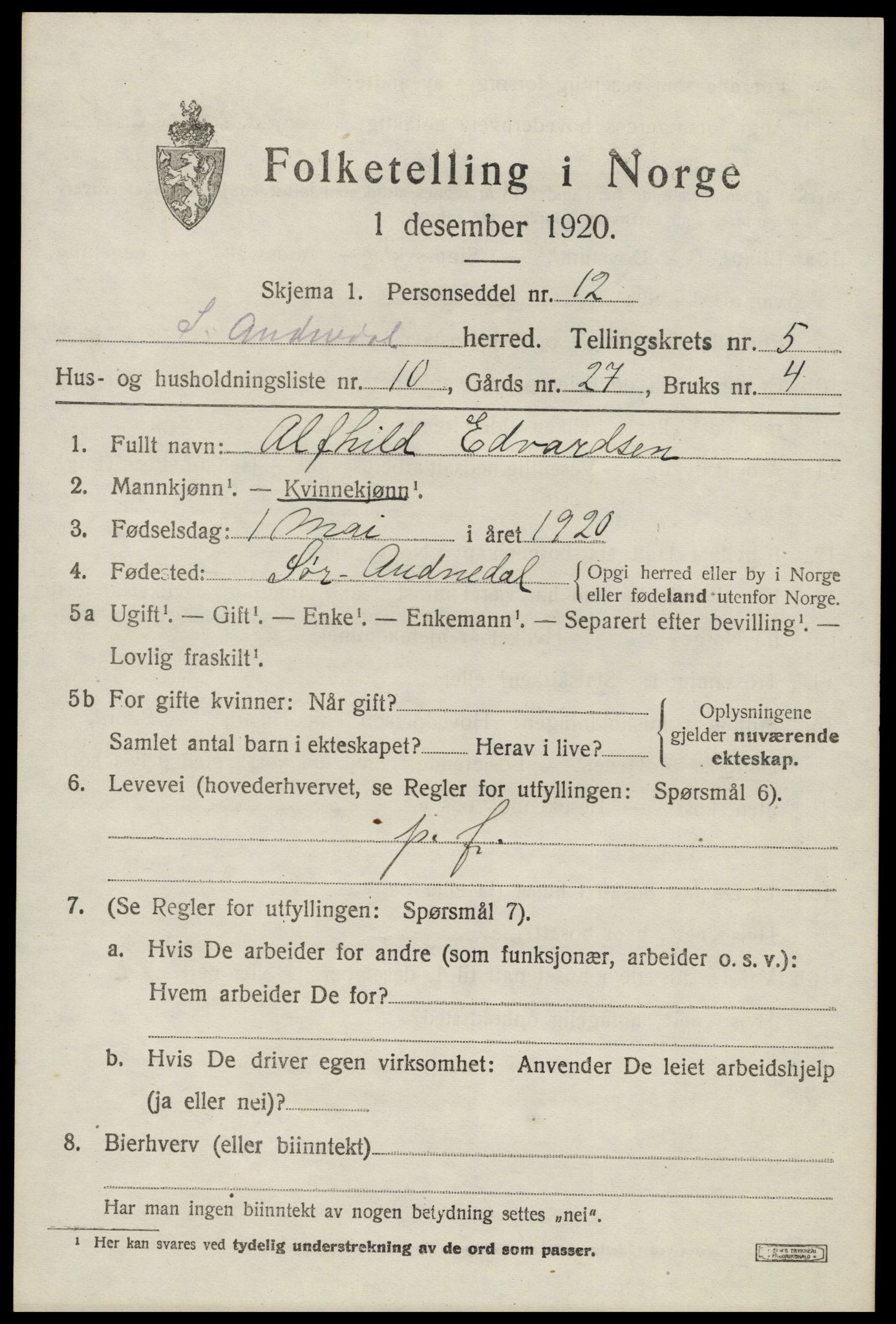 SAK, Folketelling 1920 for 1029 Sør-Audnedal herred, 1920, s. 2595