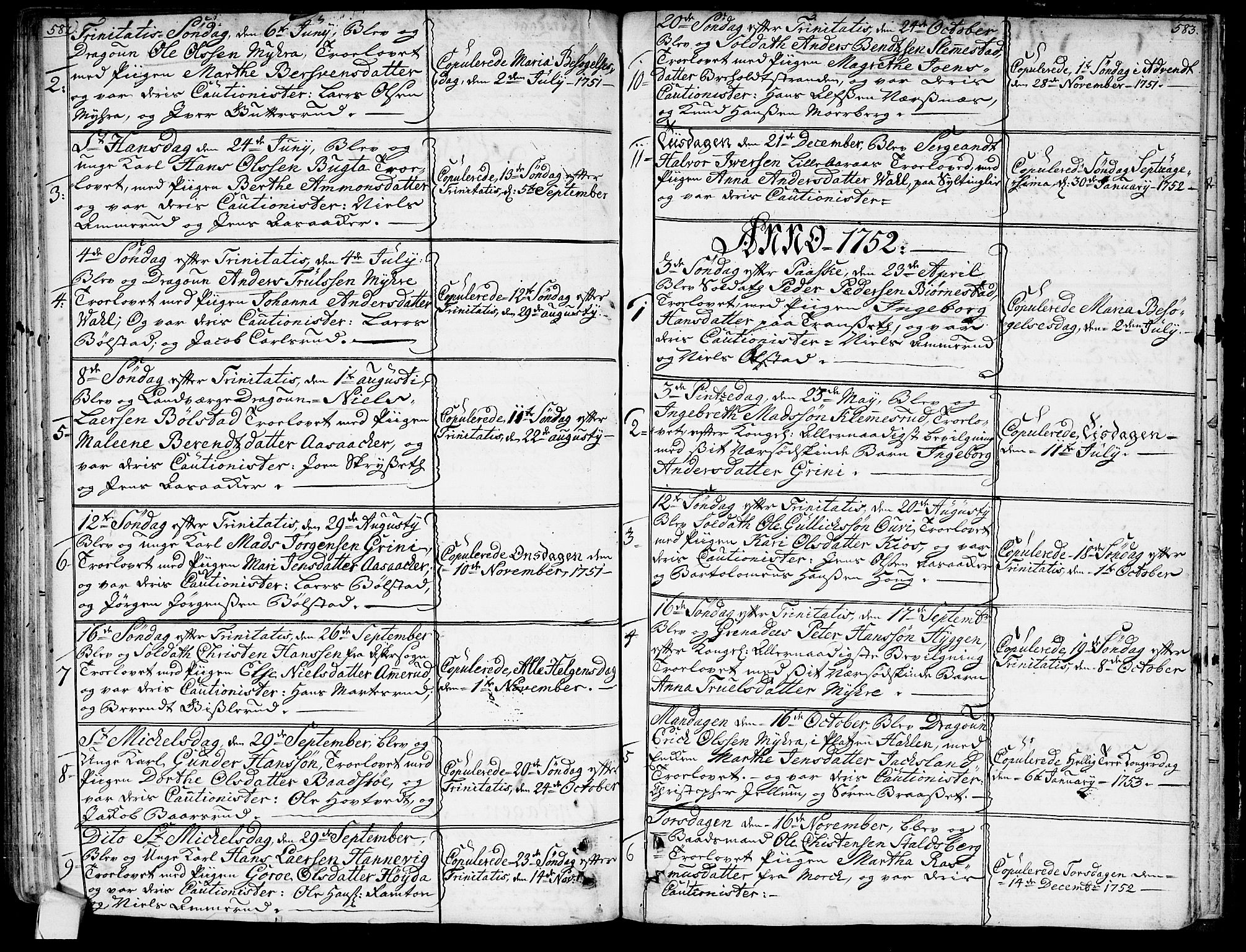 Røyken kirkebøker, SAKO/A-241/G/Ga/L0001: Klokkerbok nr. 1, 1740-1768, s. 582-583