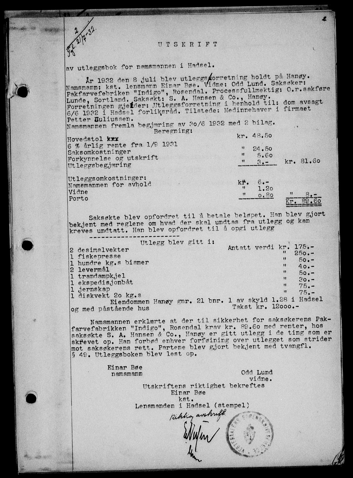 Vesterålen sorenskriveri, SAT/A-4180/1/2/2Ca/L0056: Pantebok nr. 49, 1932-1933, Tingl.dato: 21.07.1932